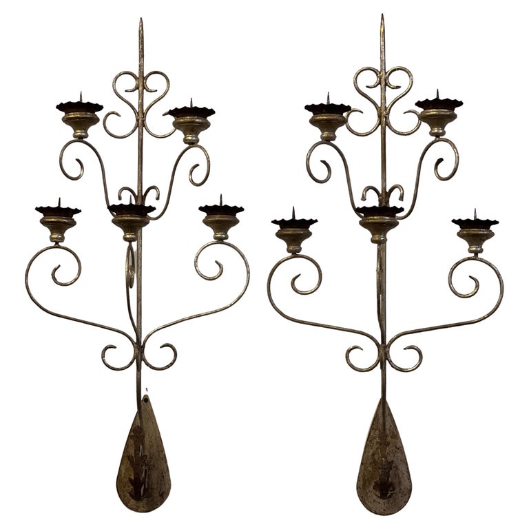 Italian Silver Gilt 5 Arm Candle Wall Sconce, Pair For Sale at 1stDibs