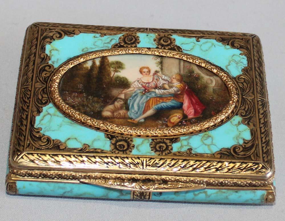 Tarjetero italiano de plata dorada y esmalte con fina acuarela Italiano en venta