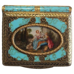 Italienisches Kartenetui aus vergoldetem Silber und Emaille mit feinem Aquarell