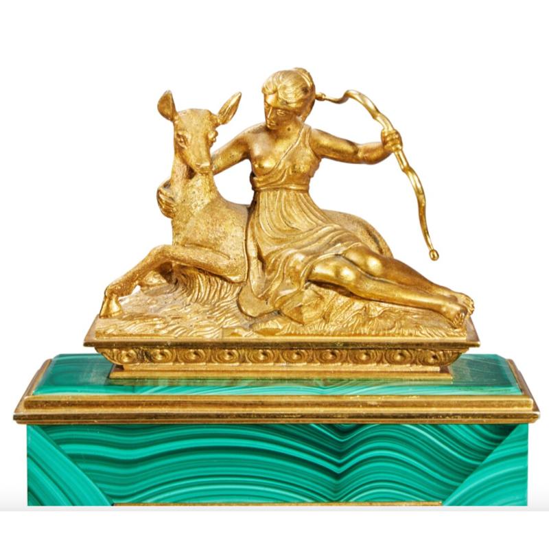 Italian Silver-Gilt and Malachite Desk Clock with Diana the Huntress, C. 1960 In Good Condition In New York, NY