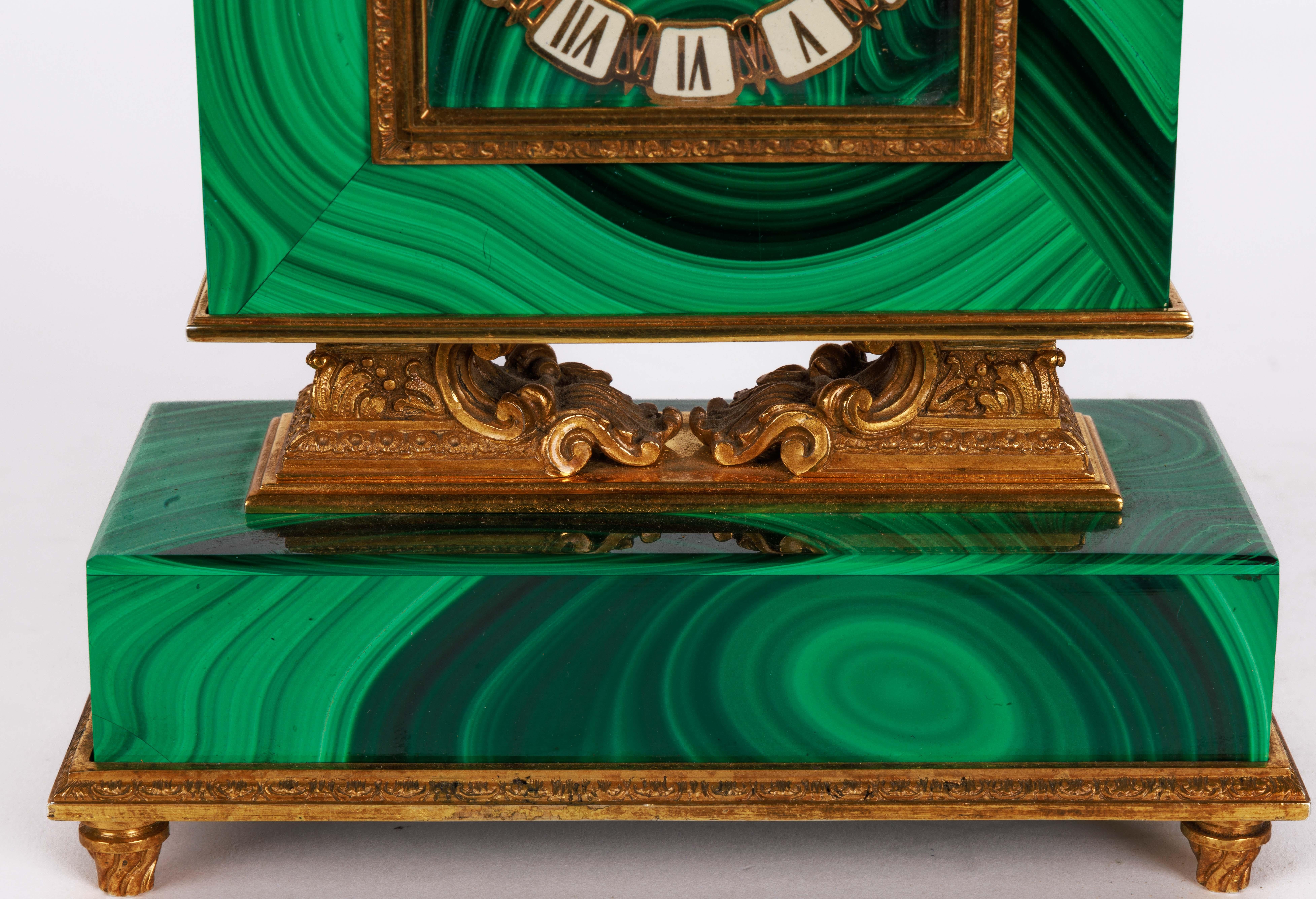 Italian Silver-Gilt and Malachite Desk Clock with Diana the Huntress, C. 1960 In Good Condition In New York, NY
