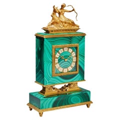 Horloge de bureau italienne en argent doré et malachite avec Diane la chasseresse, vers 1960