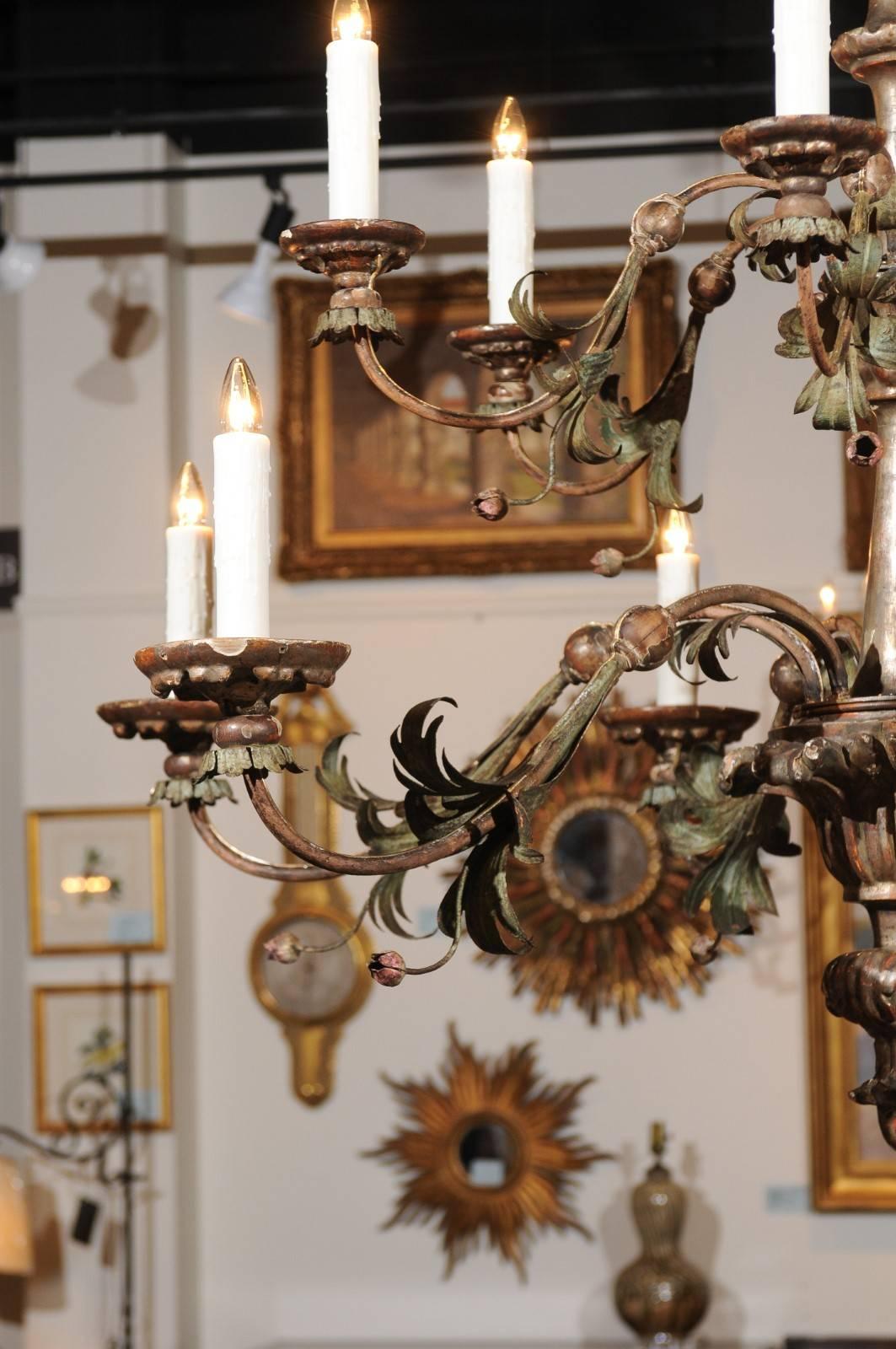 19th Century Italian Silver Gilt and Painted Tole 12-Light Chandelier from the Tuscany Region