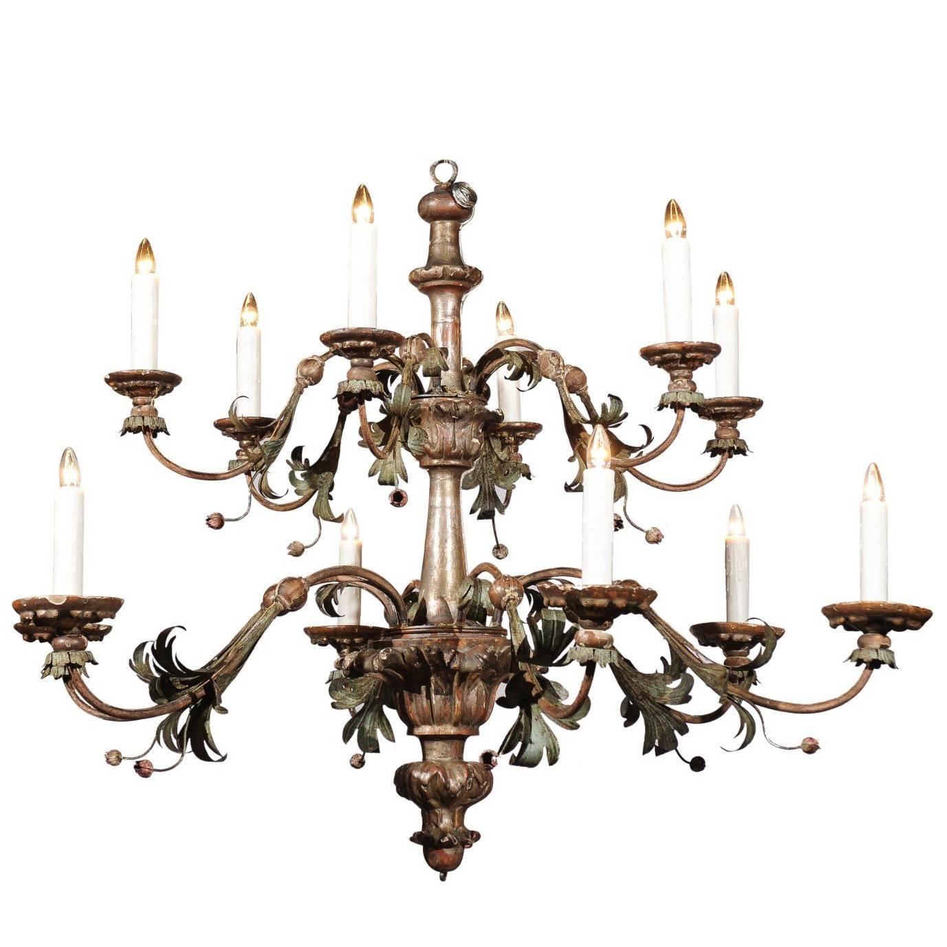 Italian Silver Gilt and Painted Tole 12-Light Chandelier from the Tuscany Region