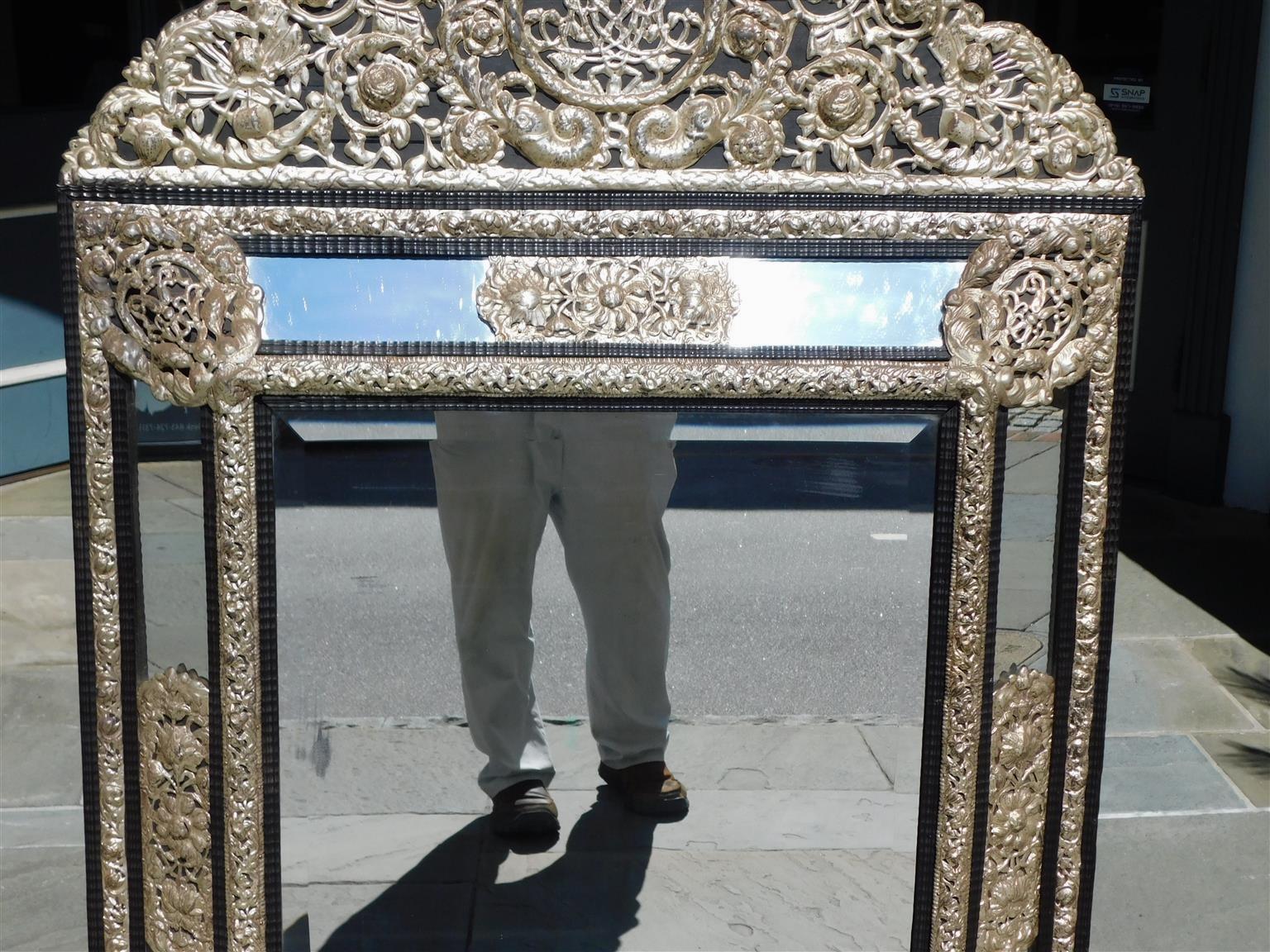 Hand-Carved Italian Silver Gilt Embossed Foilate Wall Mirror with Ebonized Frame, Circa 1780 For Sale