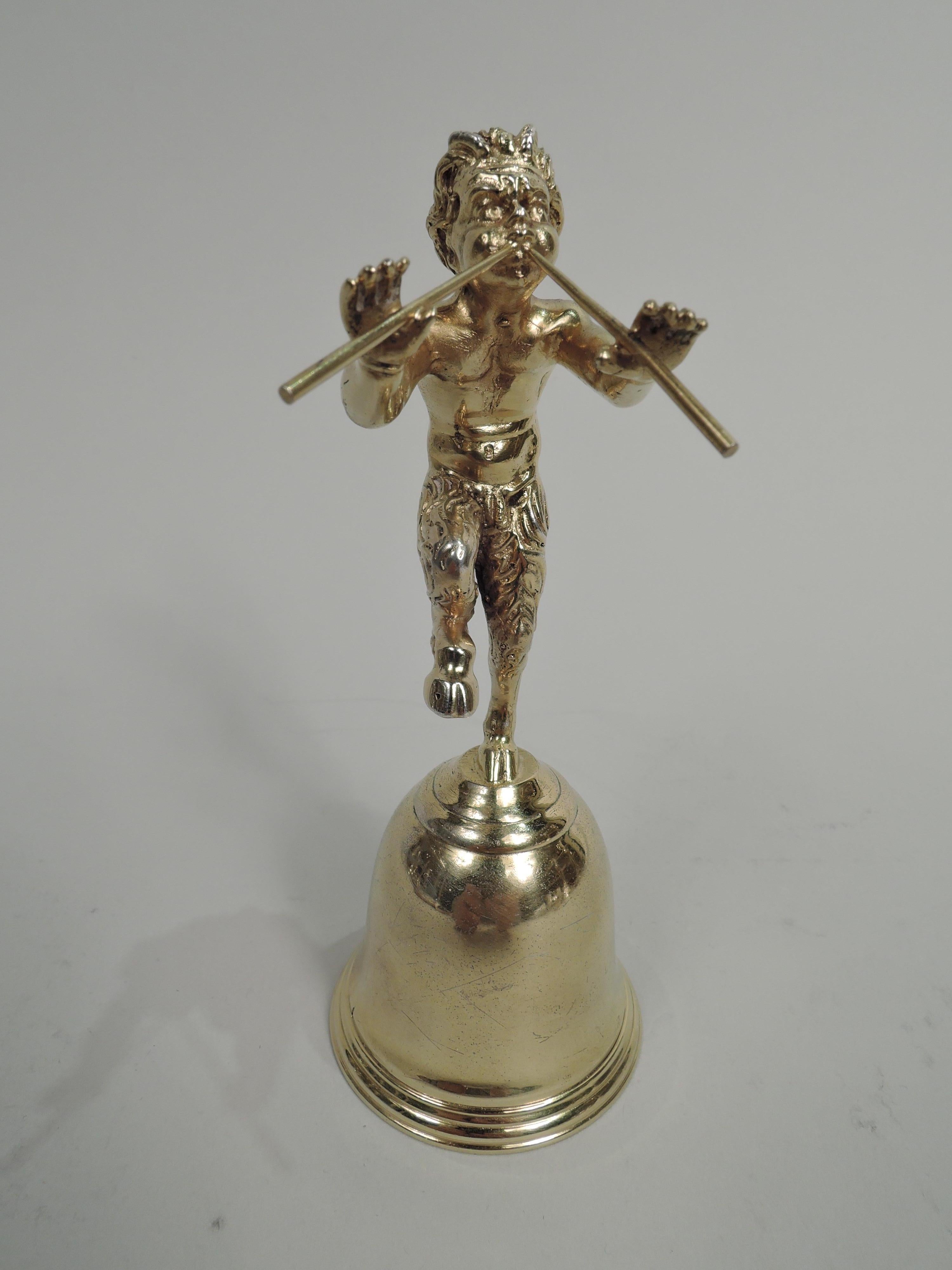 Italian silver gilt grand-tour bell, ca 1920. Figural handle in form of piping faun with puffed out cheeks and hoofed and hirsute hindquarters. Based on Greek statuette excavated in Pompeii and today in the National Archaeological Museum in Naples.