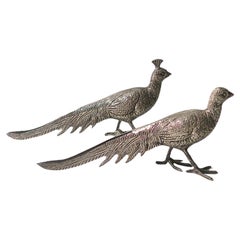 Paire d'oiseaux faisans en argent doré italien