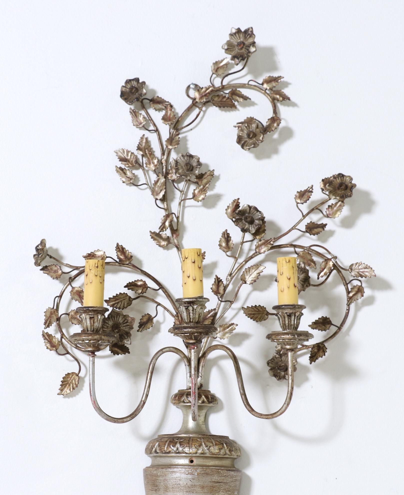 Italian Silver Giltwood and Iron Sconces In Good Condition In Los Angeles, CA
