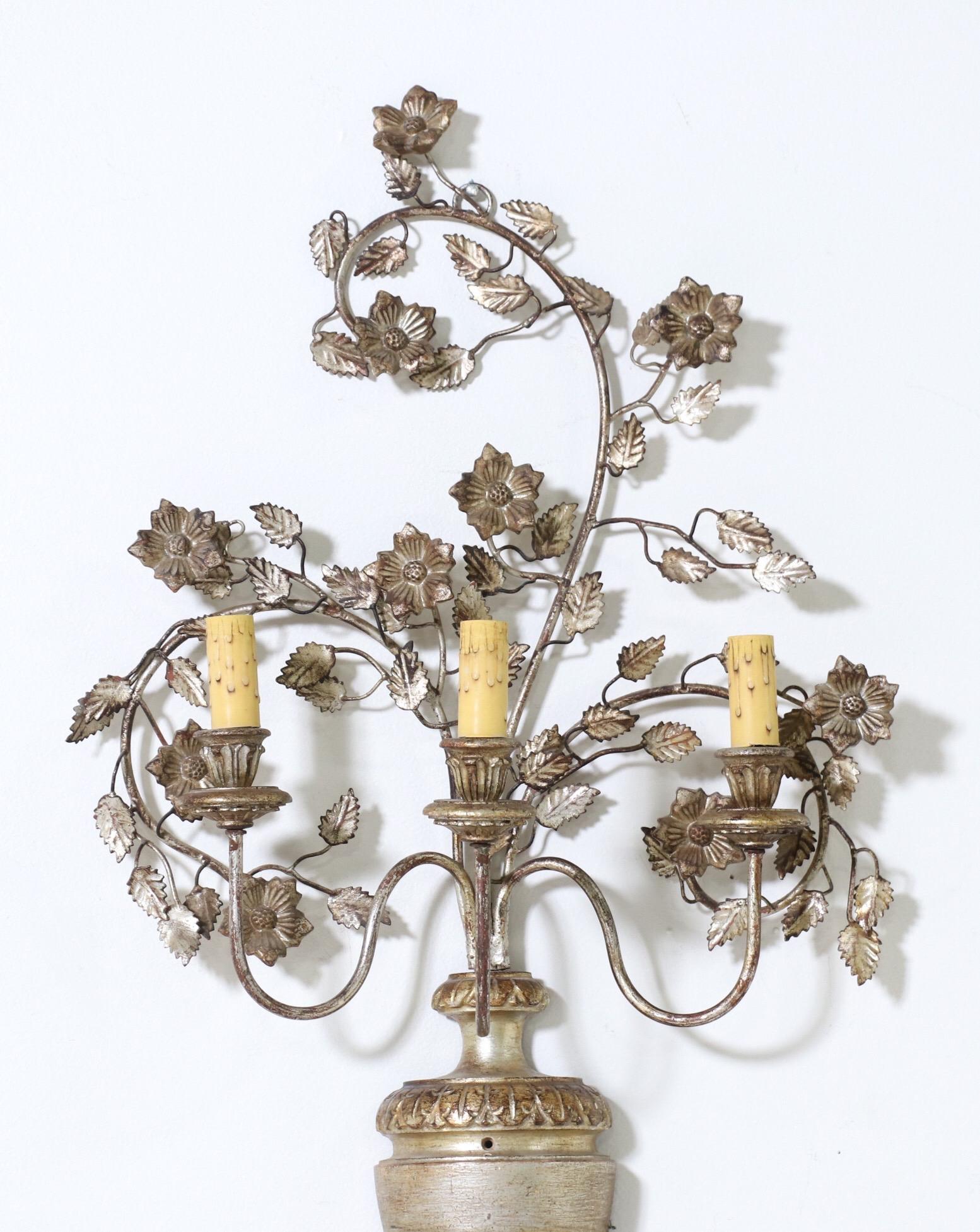 Mid-20th Century Italian Silver Giltwood and Iron Sconces