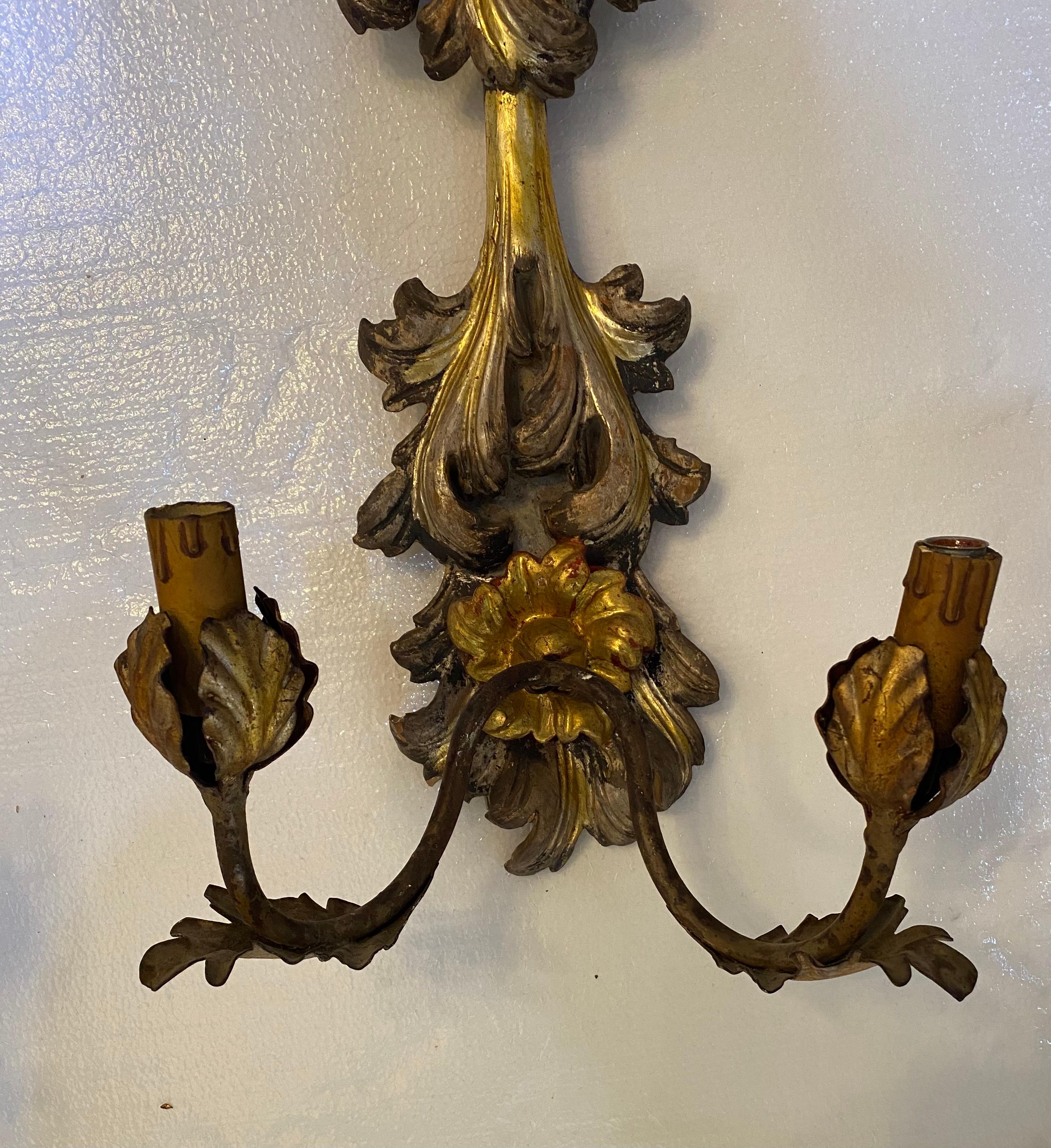 20th Century Italian Silver Gilt Wood Pair of Sconces For Sale