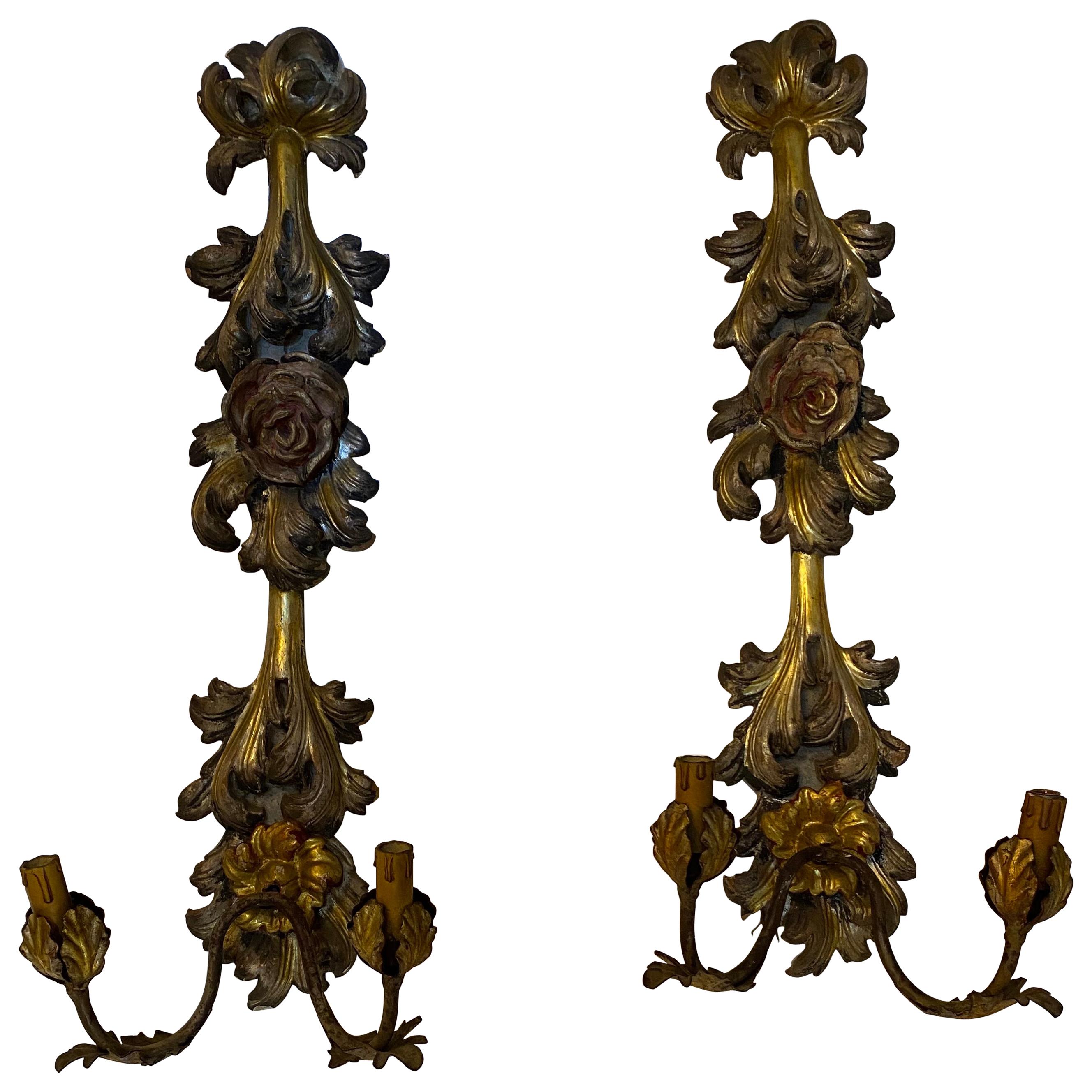 Italian Silver Gilt Wood Pair of Sconces For Sale