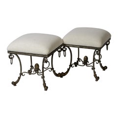 Italian Silver Gilt Wrought Iron Scrolled Base Double Stool White Linen