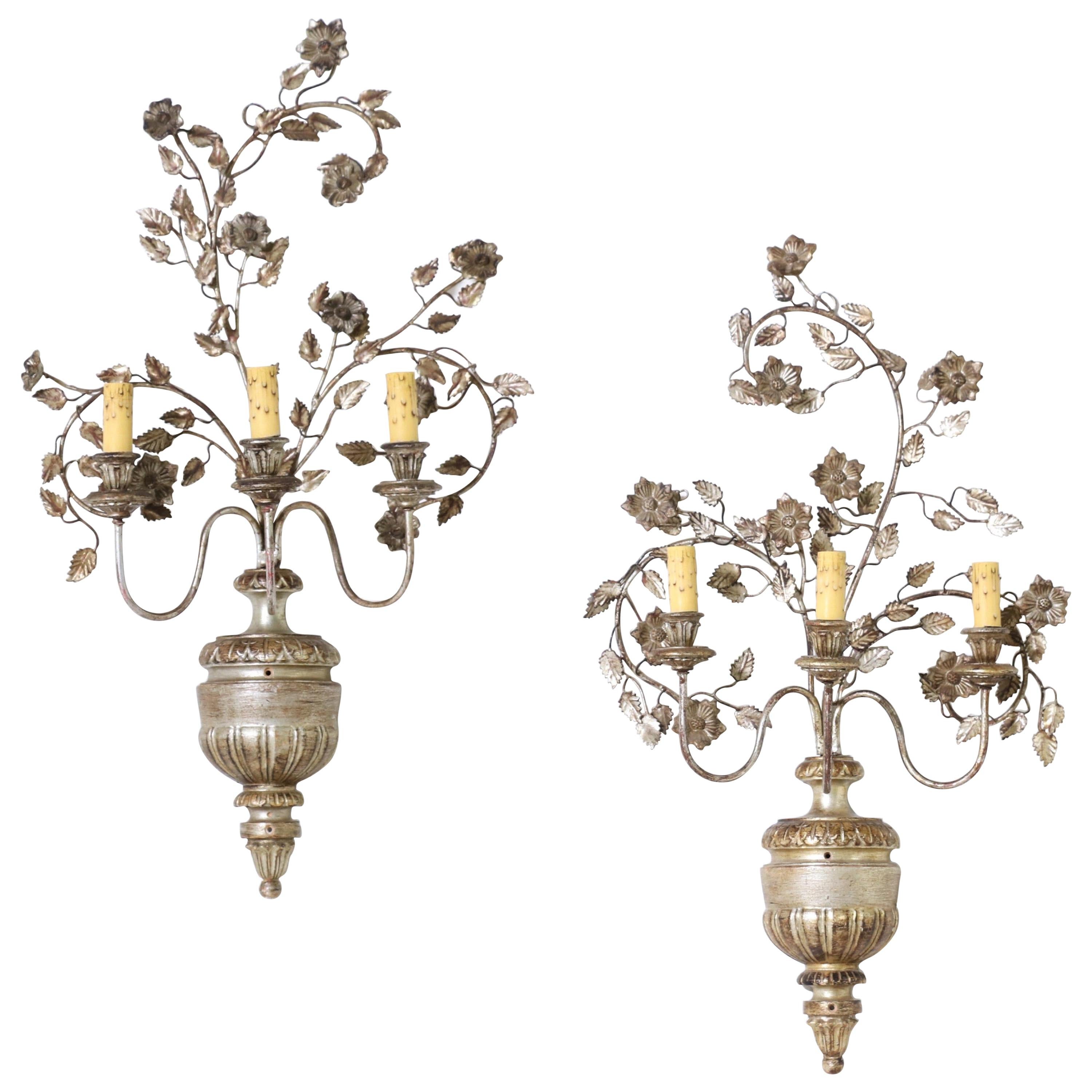 Italian Silver Giltwood and Iron Sconces