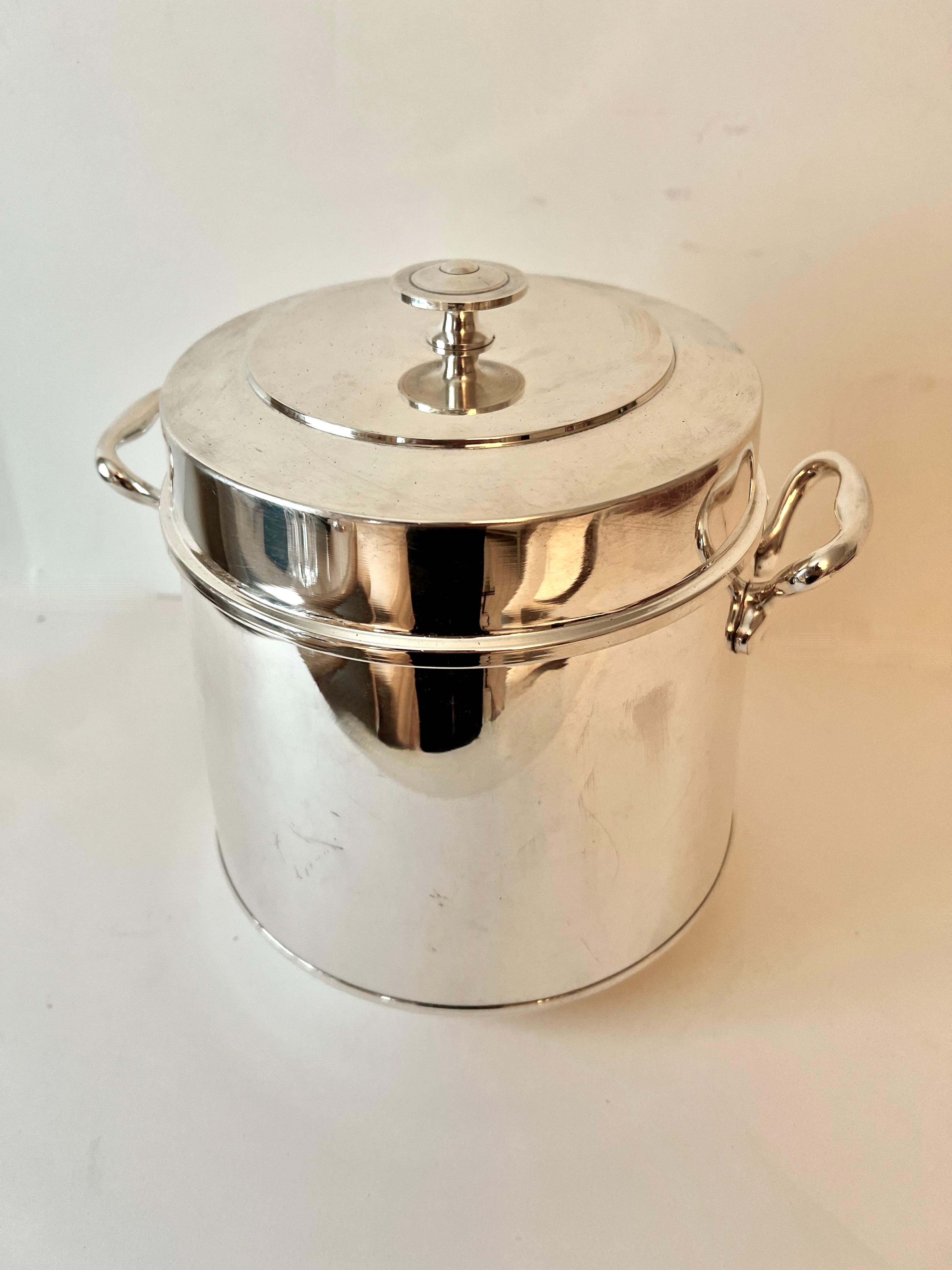 Patinated Italian Silver Ice Bucket with Handles and Glass Thermal Lining For Sale