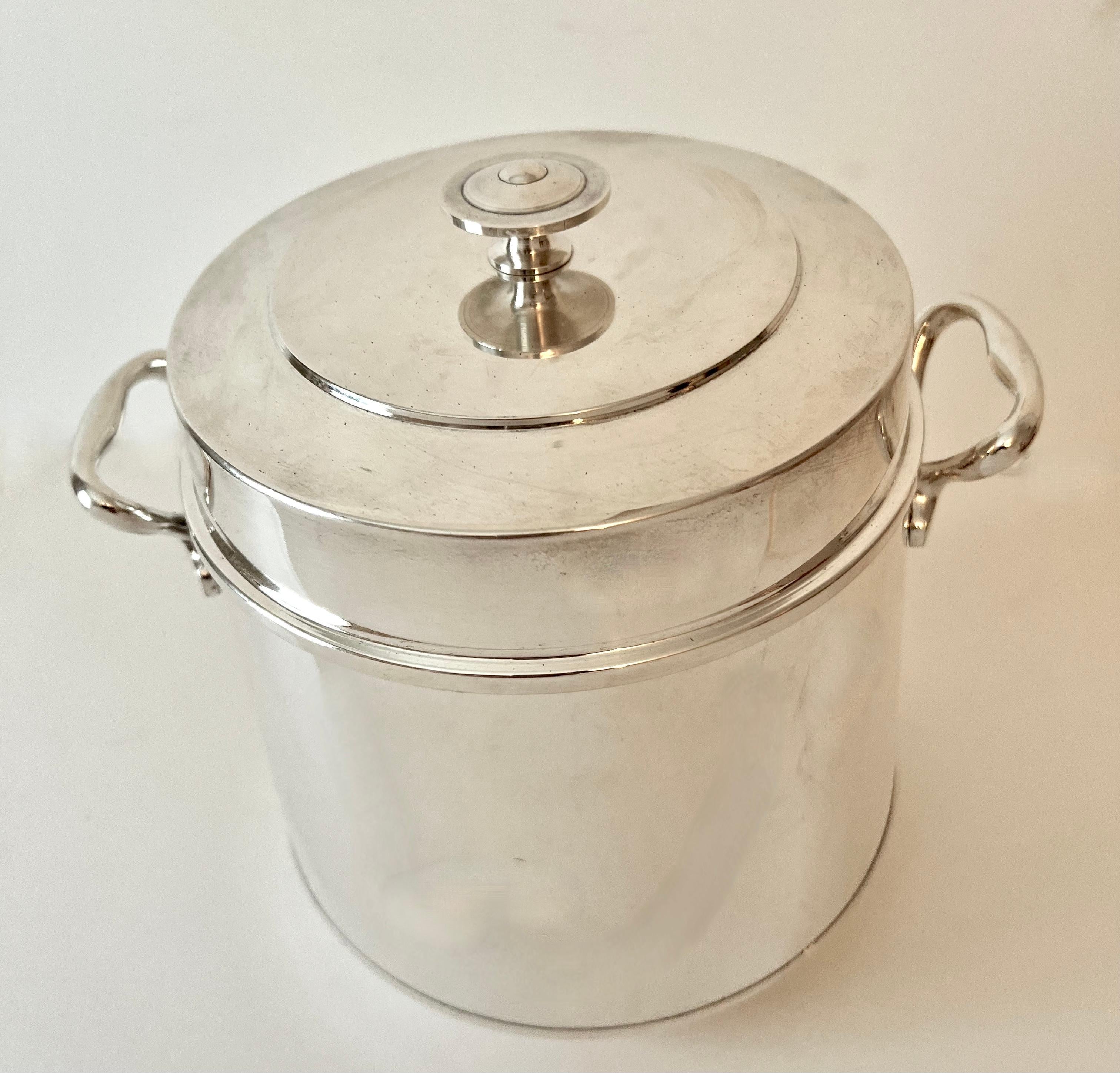 Mercury Glass Italian Silver Ice Bucket with Handles and Glass Thermal Lining For Sale