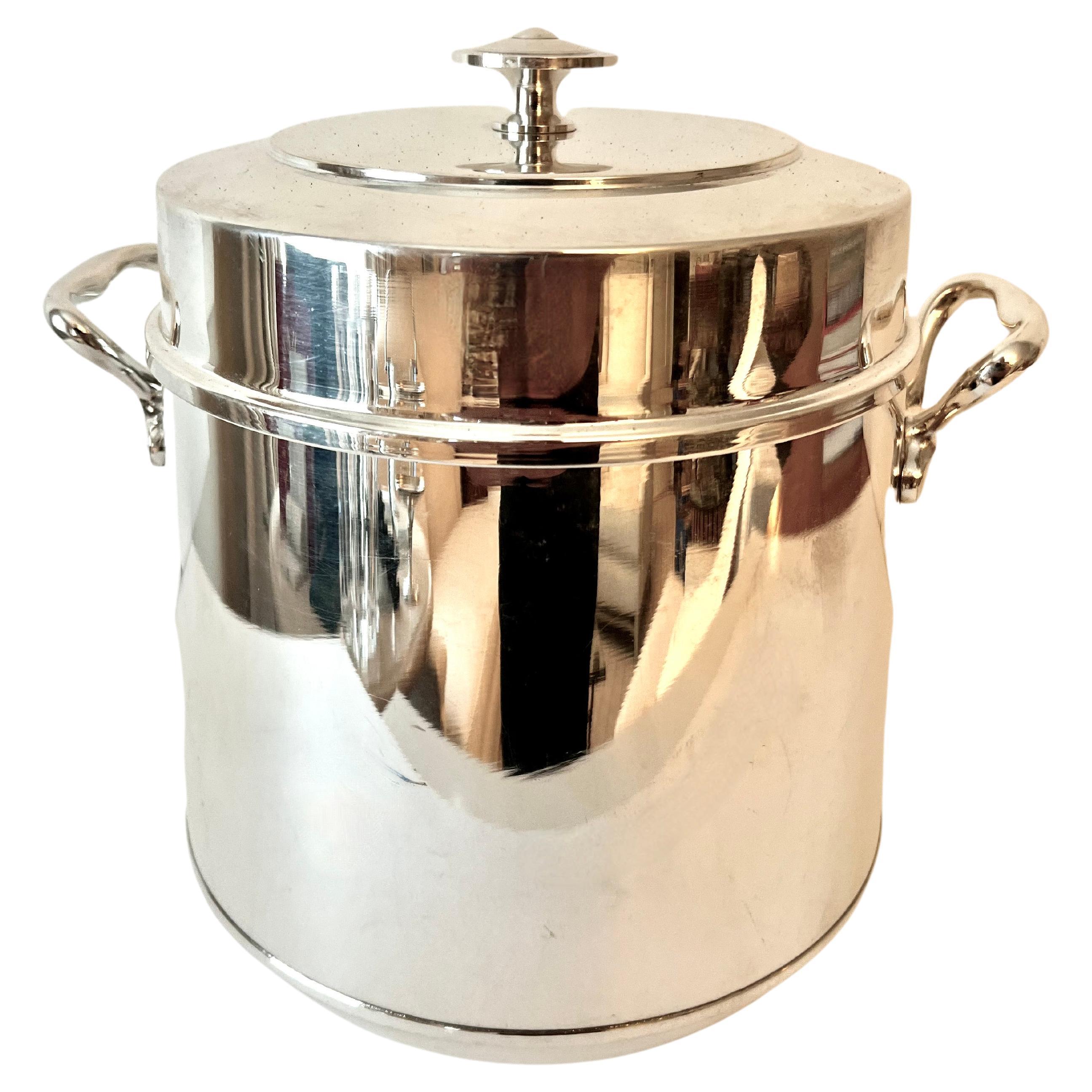Italian Silver Ice Bucket with Handles and Glass Thermal Lining For Sale