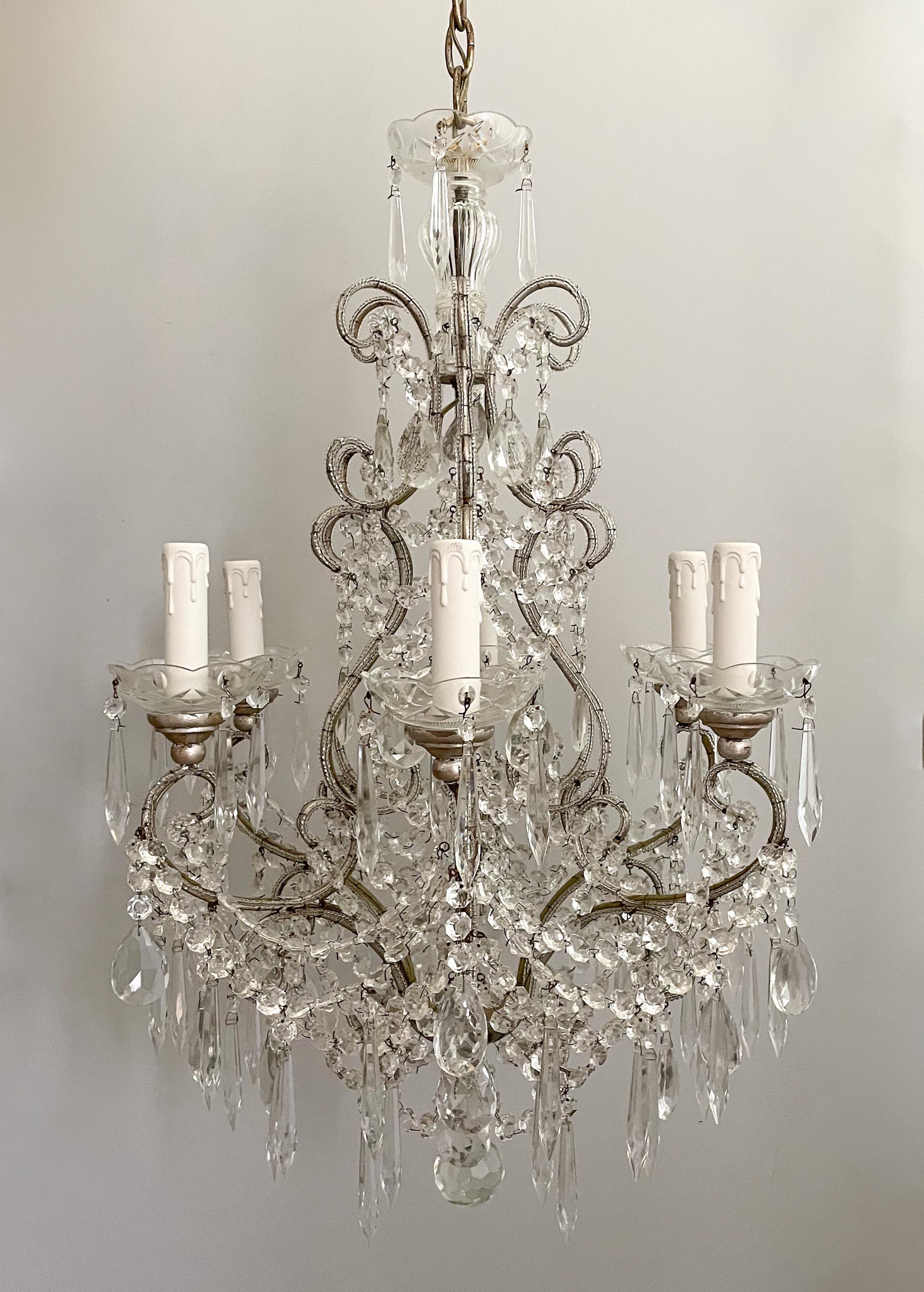 Louis XVI Italian Silver-Leafed Iron And Crystal Beaded Chandelier  For Sale