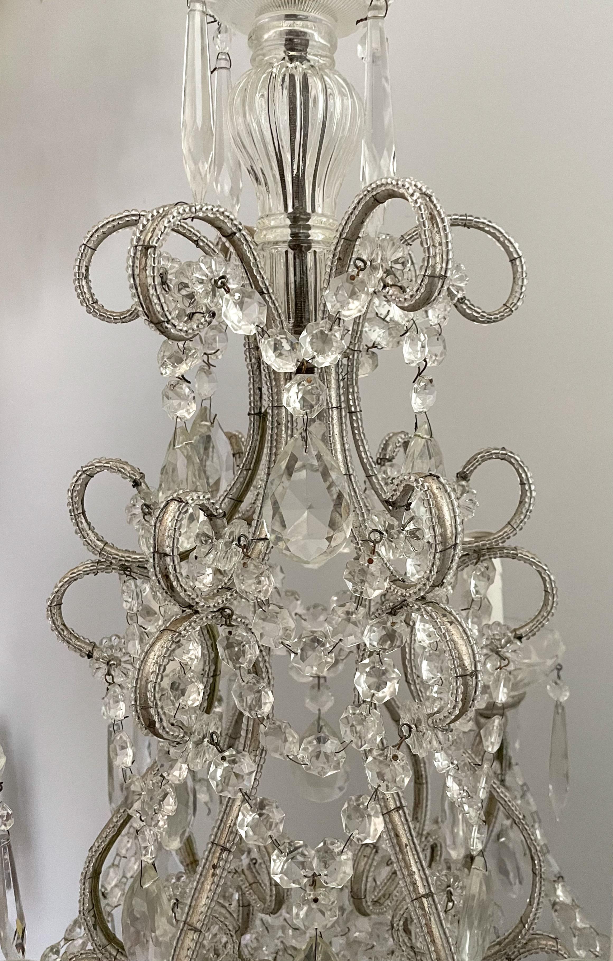 Italian Silver-Leafed Iron And Crystal Beaded Chandelier  In Good Condition For Sale In Los Angeles, CA