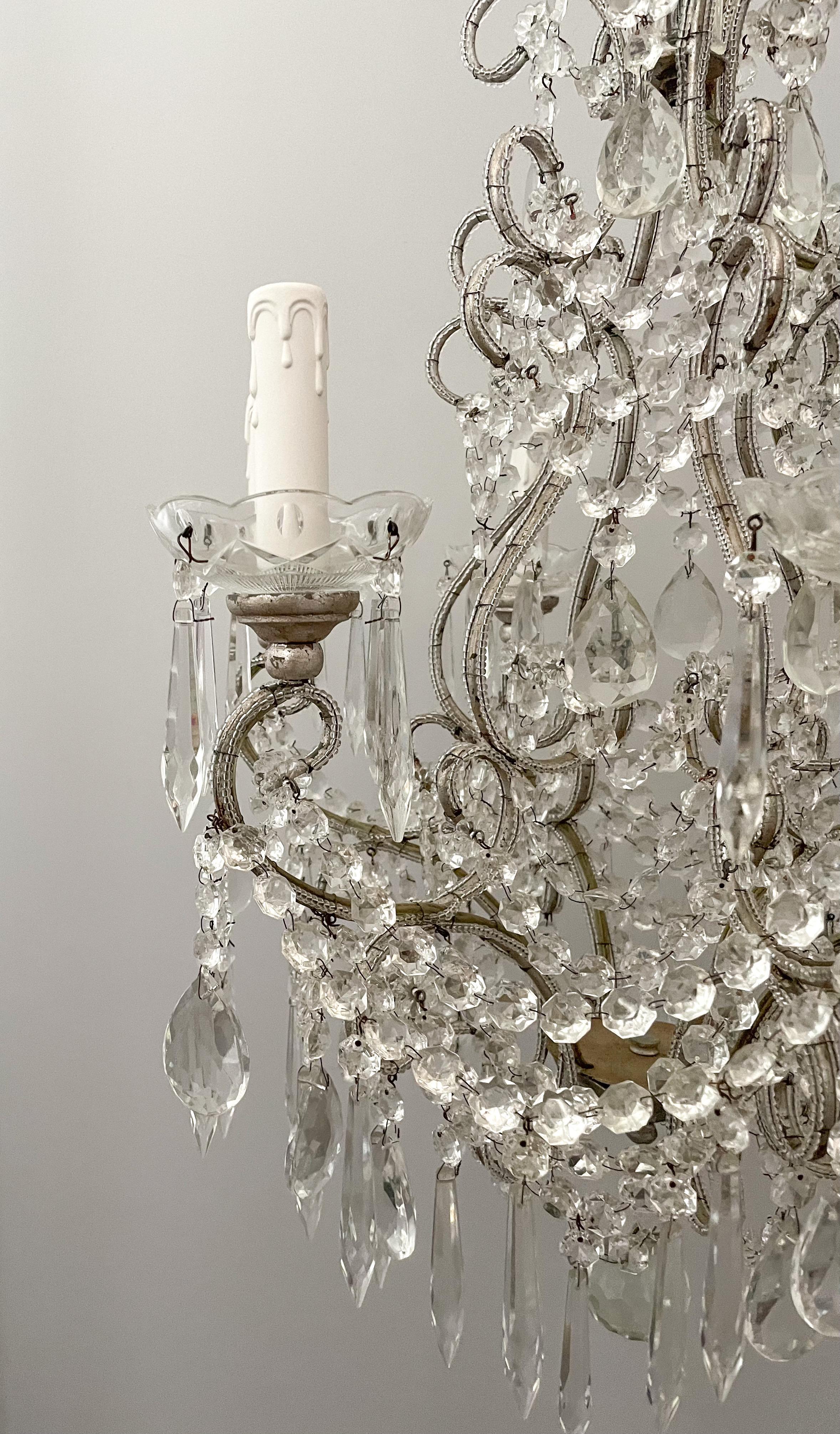 Mid-20th Century Italian Silver-Leafed Iron And Crystal Beaded Chandelier  For Sale