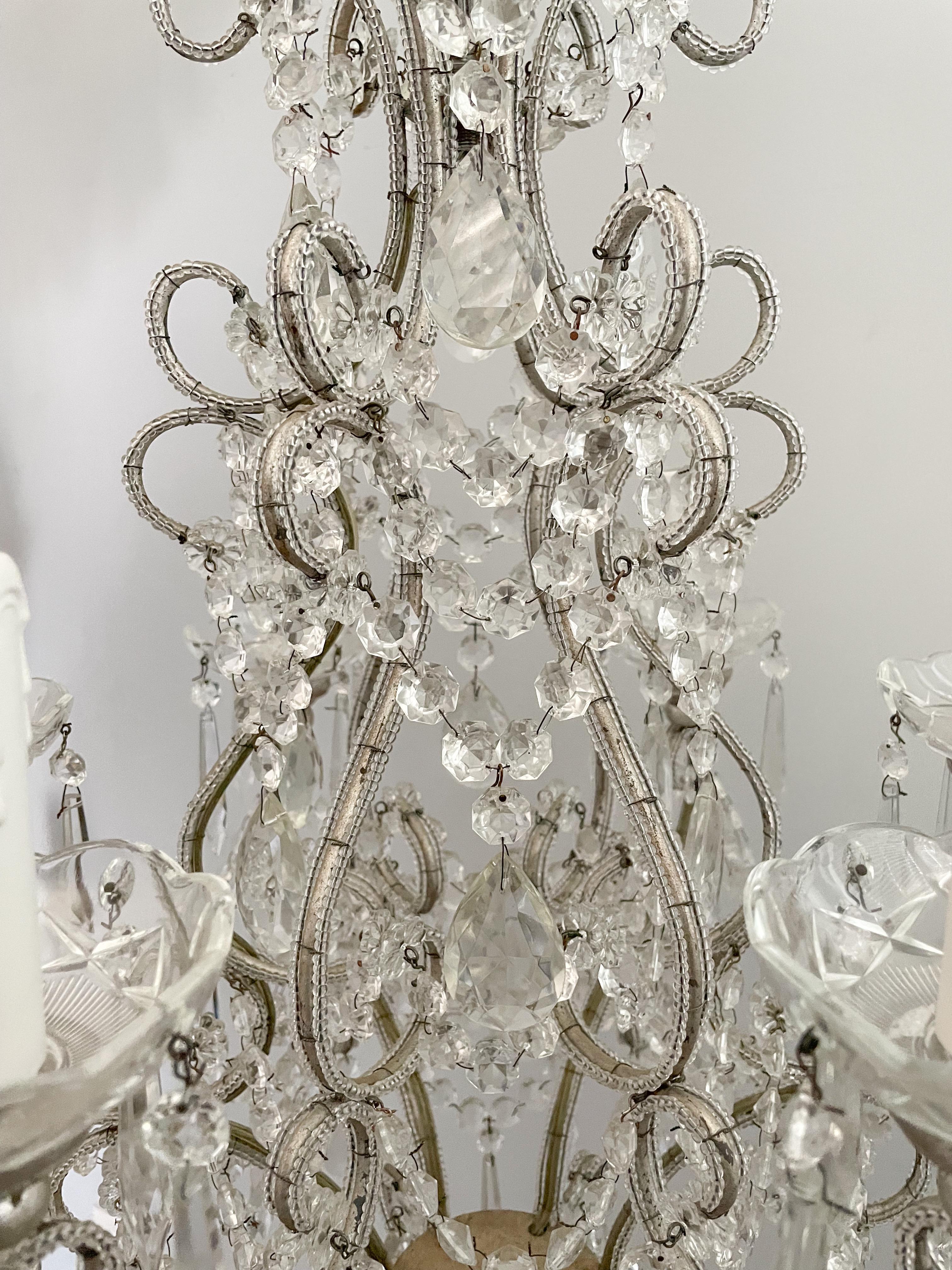 Cut Glass Italian Silver-Leafed Iron And Crystal Beaded Chandelier  For Sale