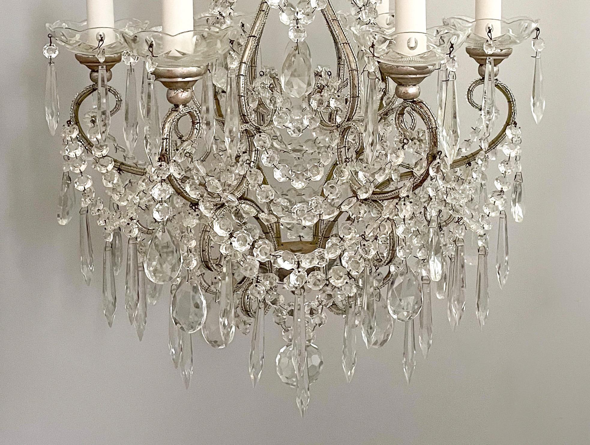 Italian Silver-Leafed Iron And Crystal Beaded Chandelier  For Sale 1