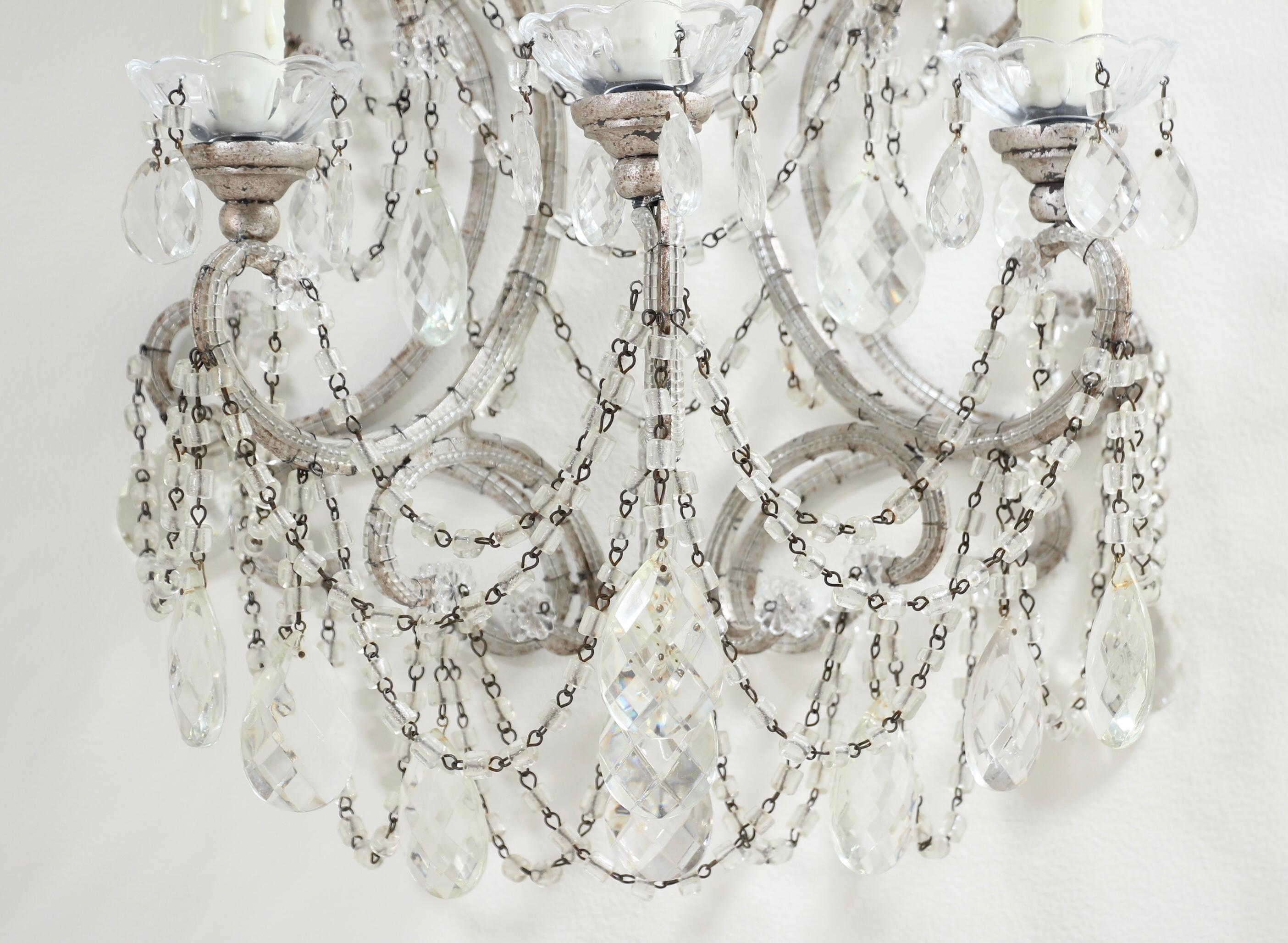 Italian Silver Leafed Iron and Crystal Beaded Sconces 5