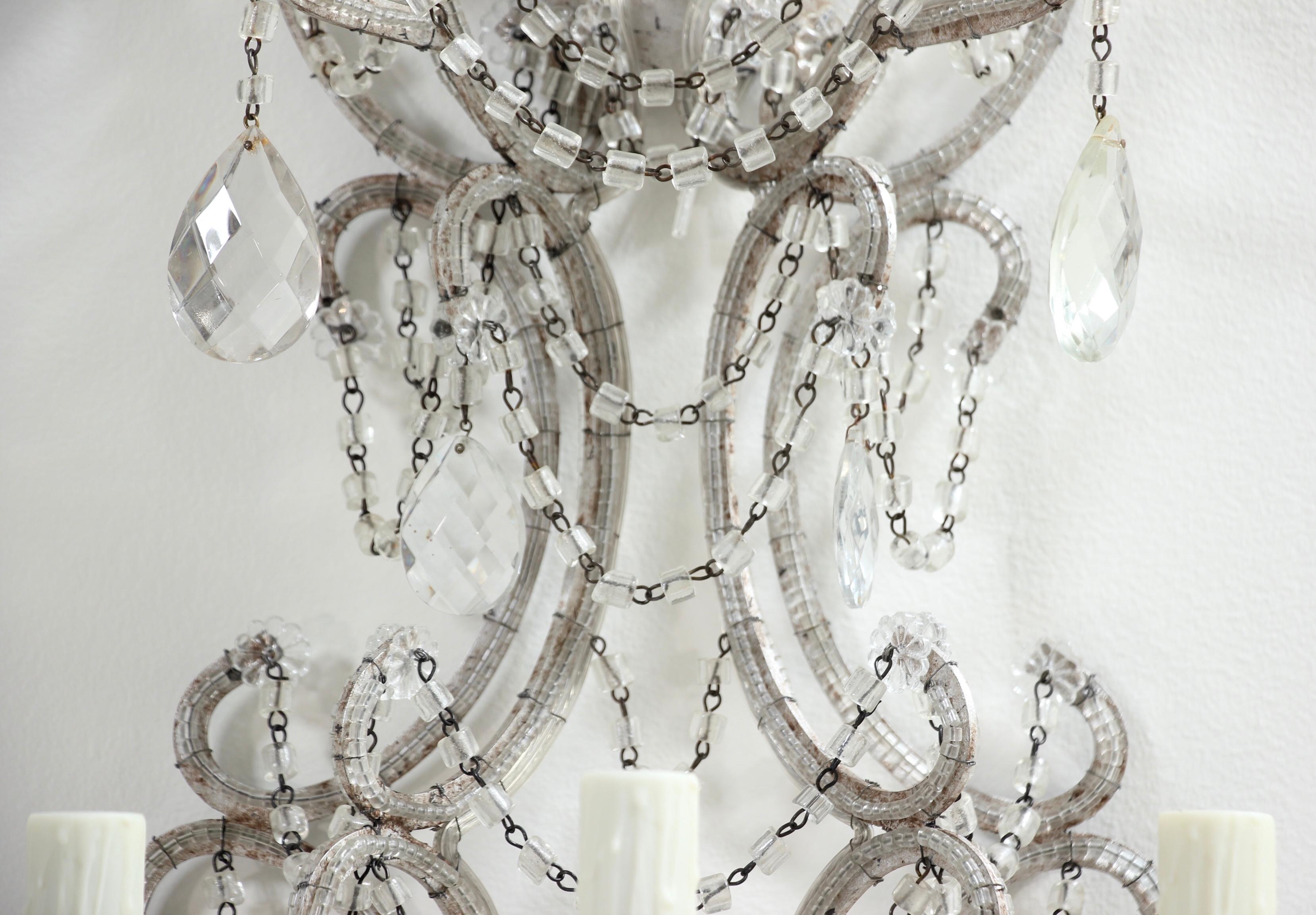Italian Silver Leafed Iron and Crystal Beaded Sconces 6