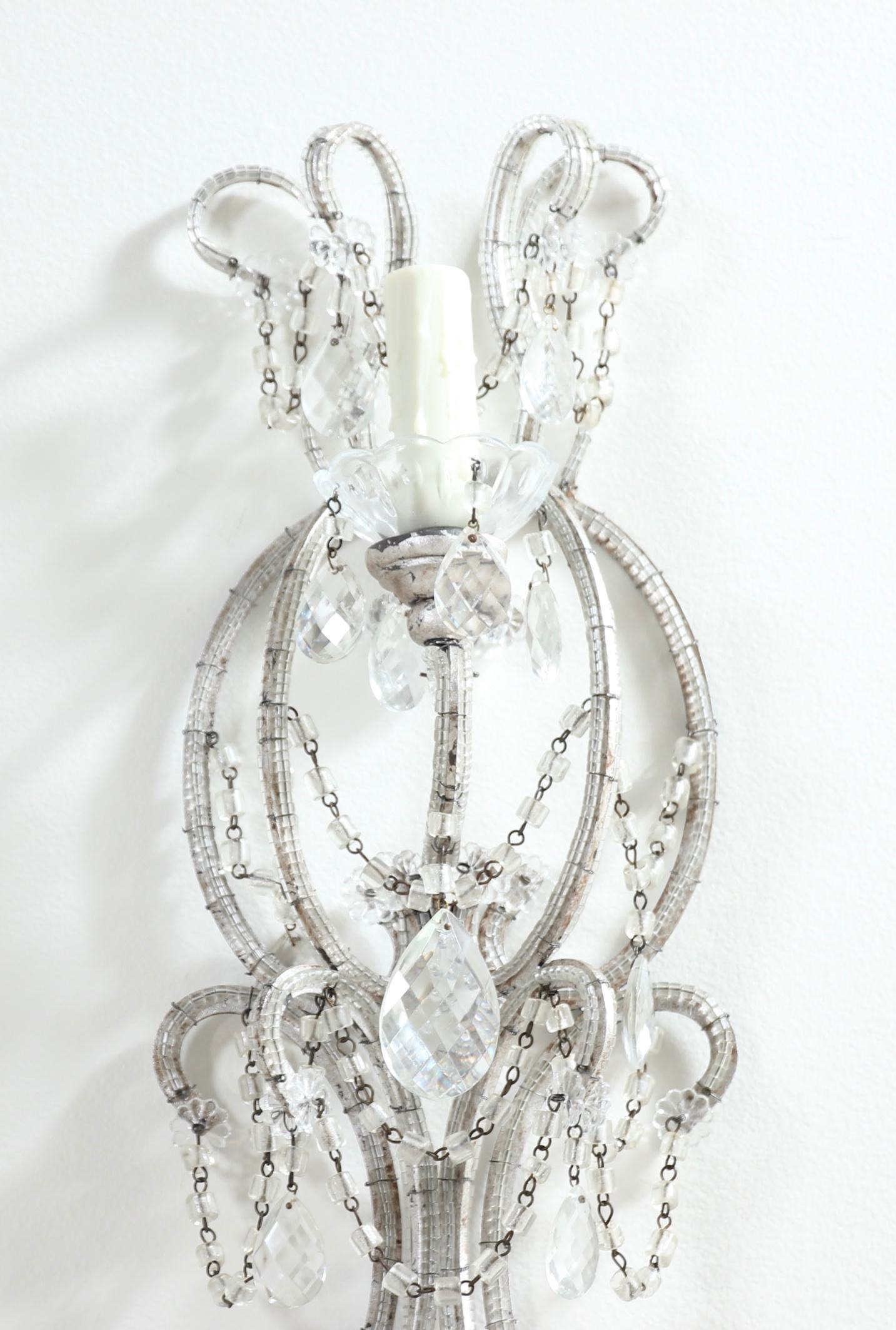 Louis XVI Italian Silver Leafed Iron and Crystal Beaded Sconces