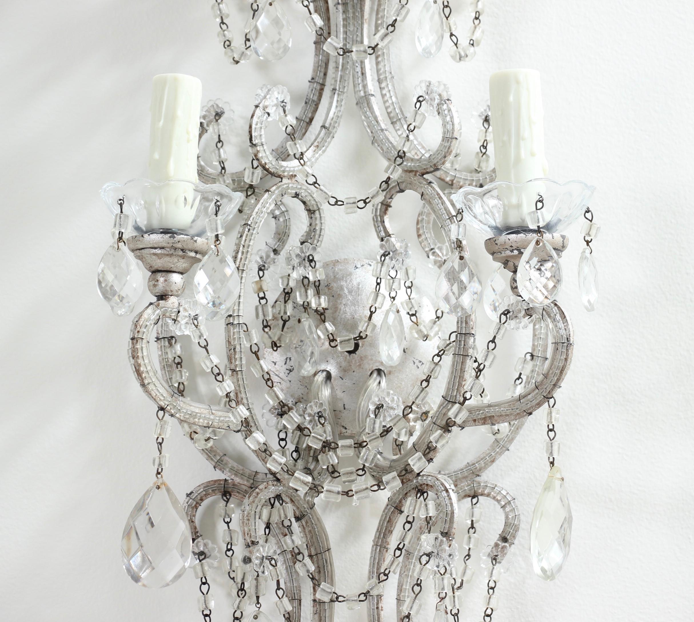 Italian Silver Leafed Iron and Crystal Beaded Sconces In Good Condition In Los Angeles, CA