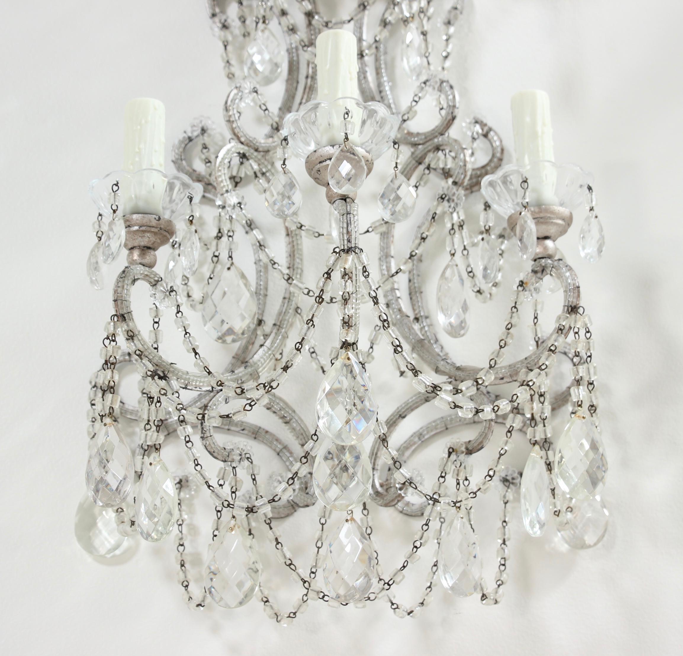 Mid-20th Century Italian Silver Leafed Iron and Crystal Beaded Sconces