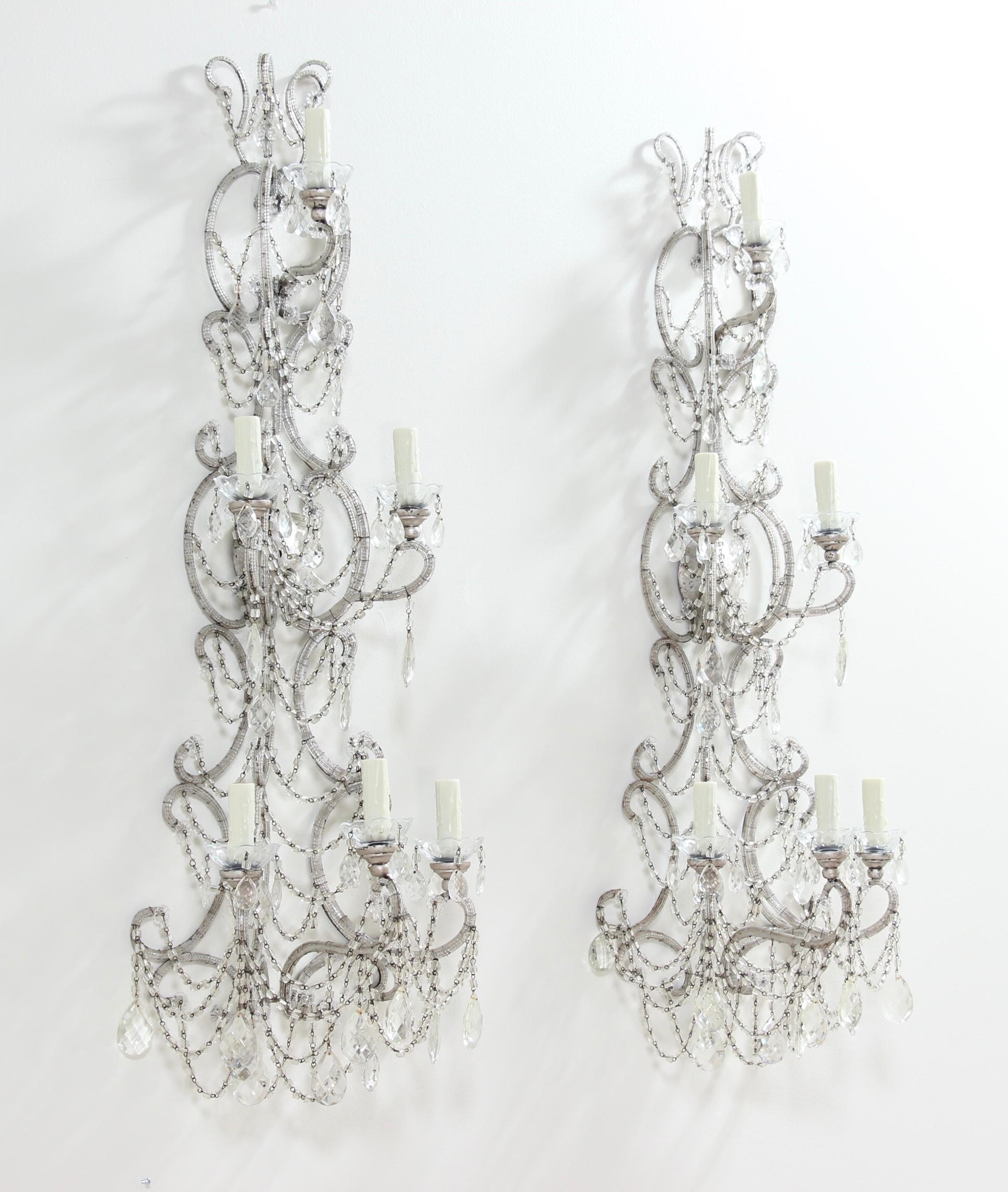 Italian Silver Leafed Iron and Crystal Beaded Sconces 1