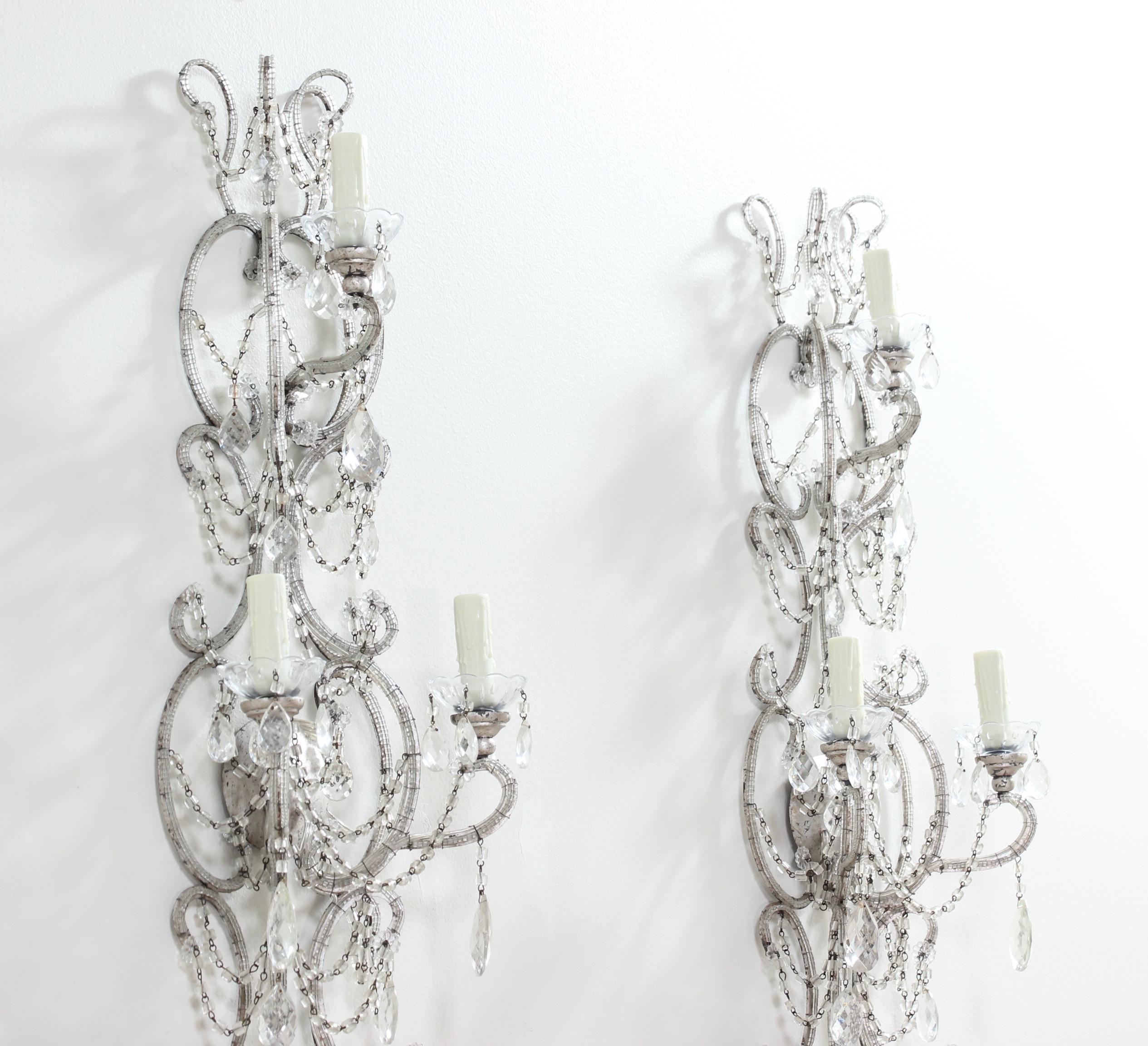 Italian Silver Leafed Iron and Crystal Beaded Sconces 2