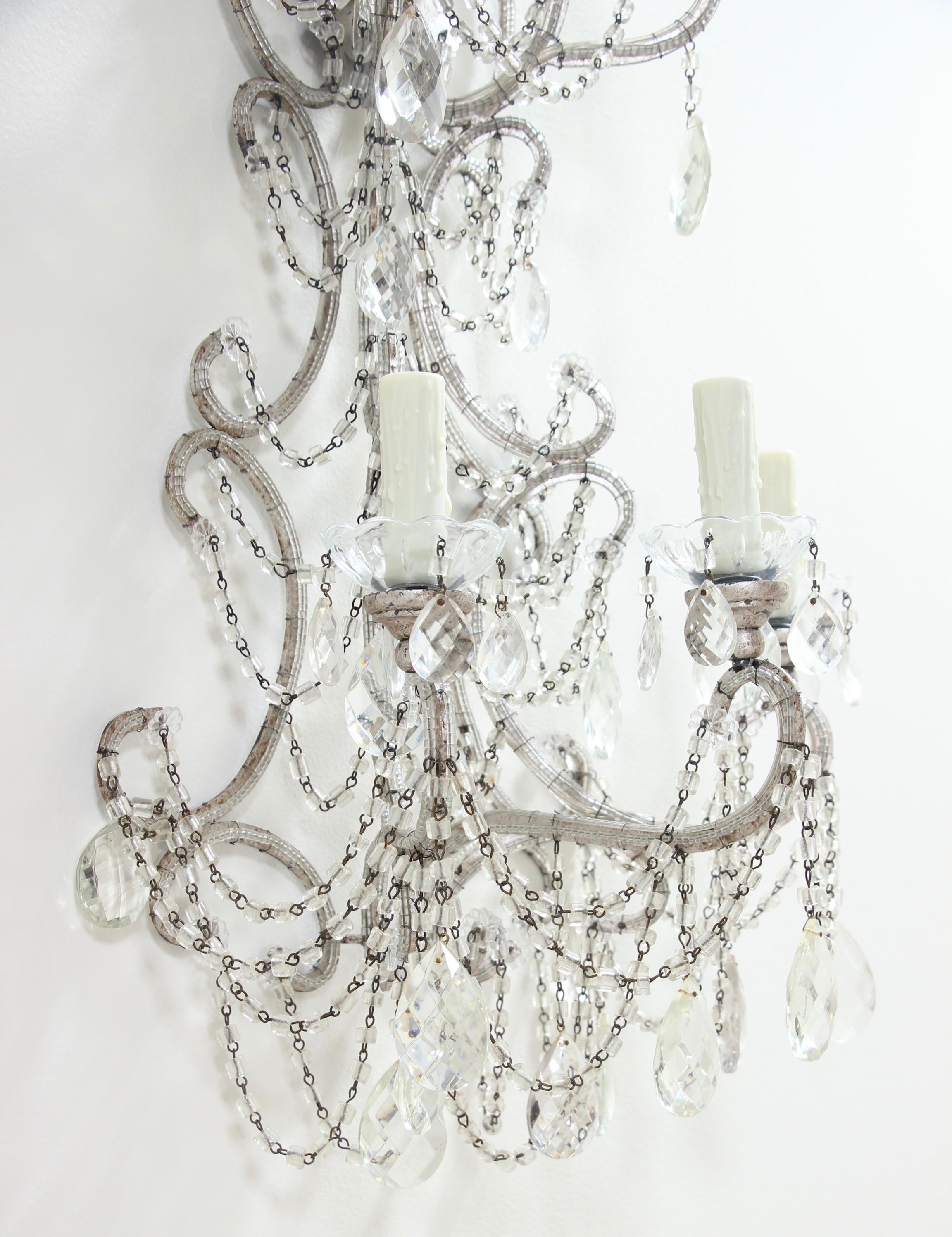 Italian Silver Leafed Iron and Crystal Beaded Sconces 3