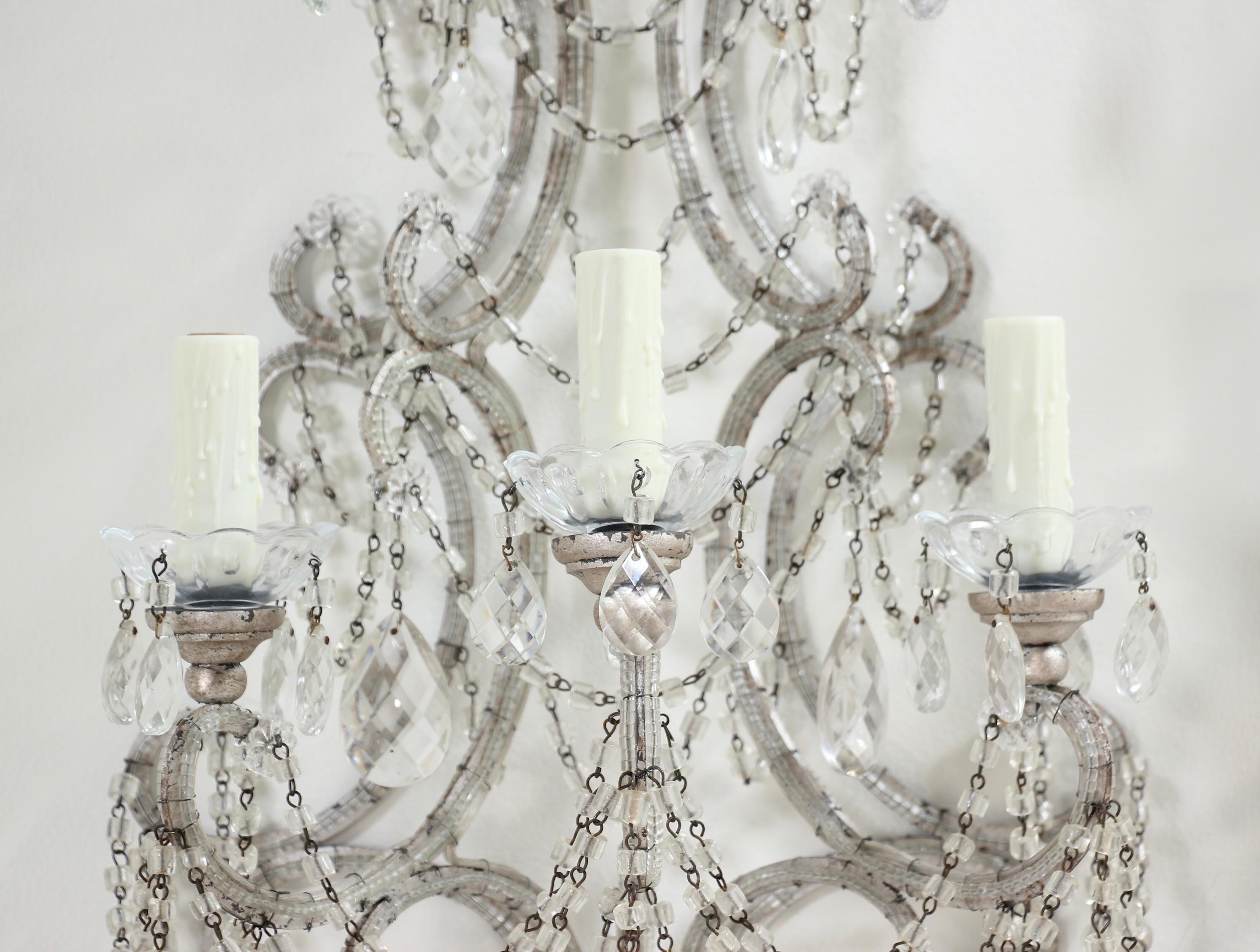 Italian Silver Leafed Iron and Crystal Beaded Sconces 4