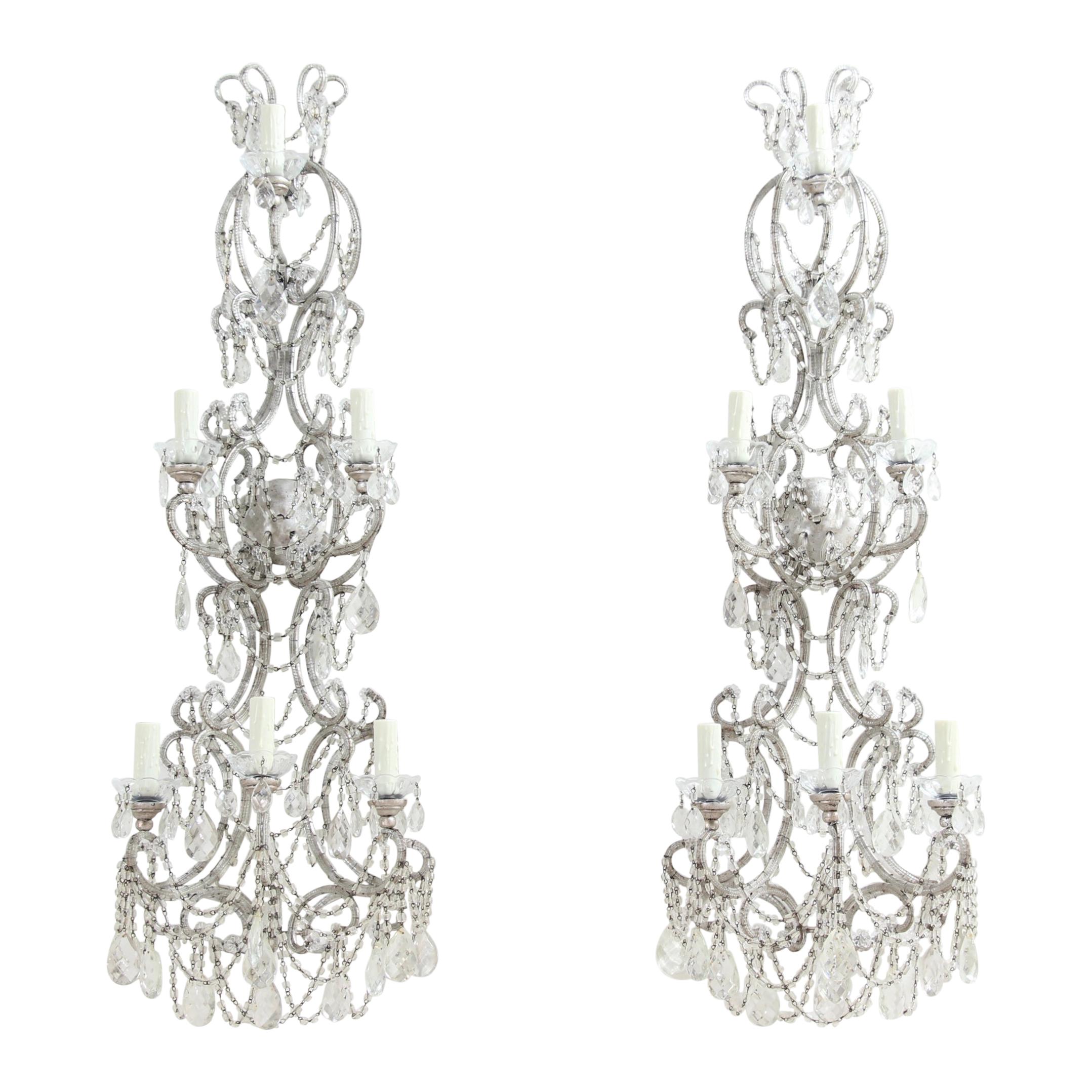 Italian Silver Leafed Iron and Crystal Beaded Sconces