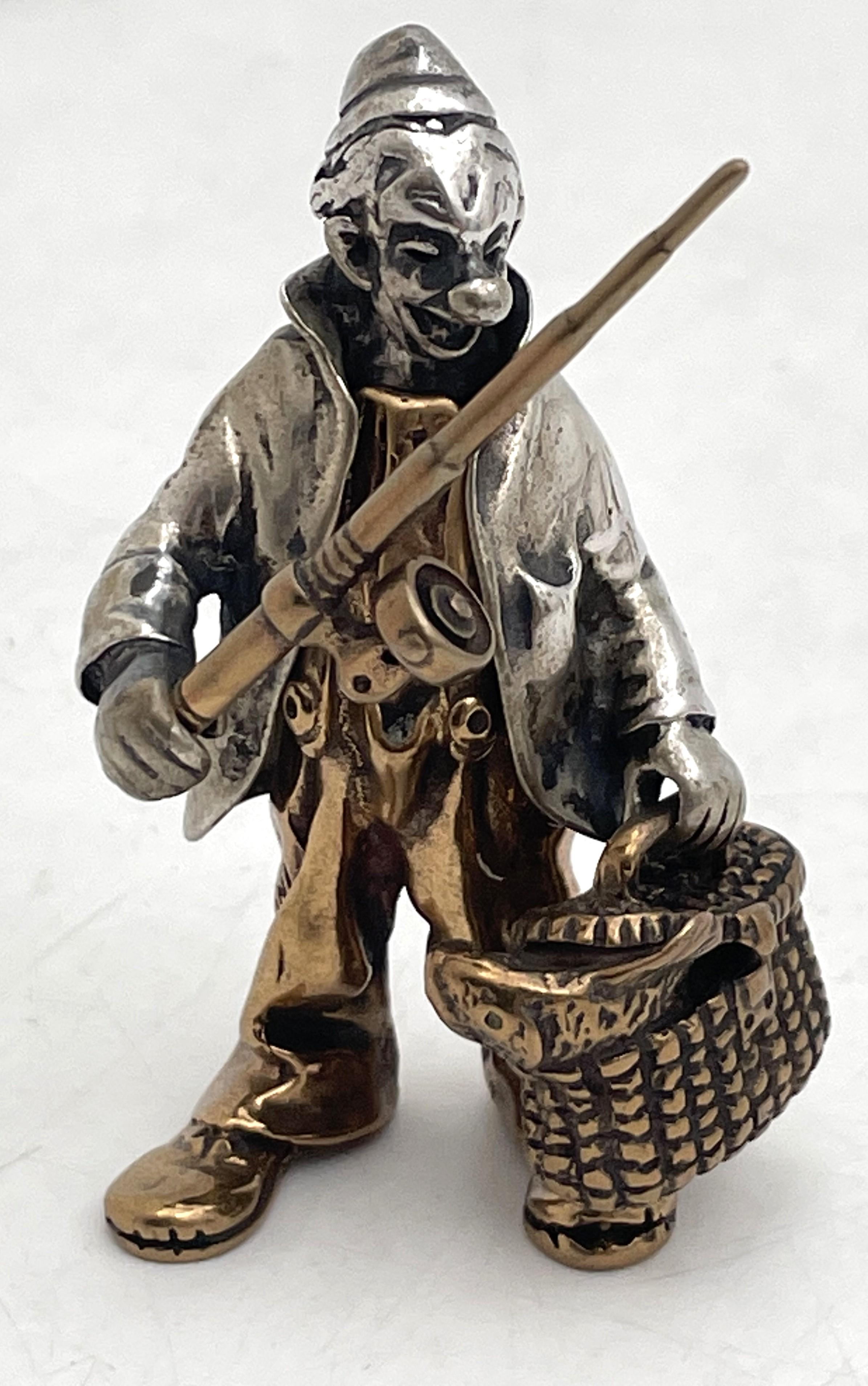Comparable to the circus set from Tiffany & Co., these 3 Italian mixed metal (including silver) circus clowns sculptures/ miniature figurines from the mid-20th century are very realistic and showcase amusing expressions and props. They measure