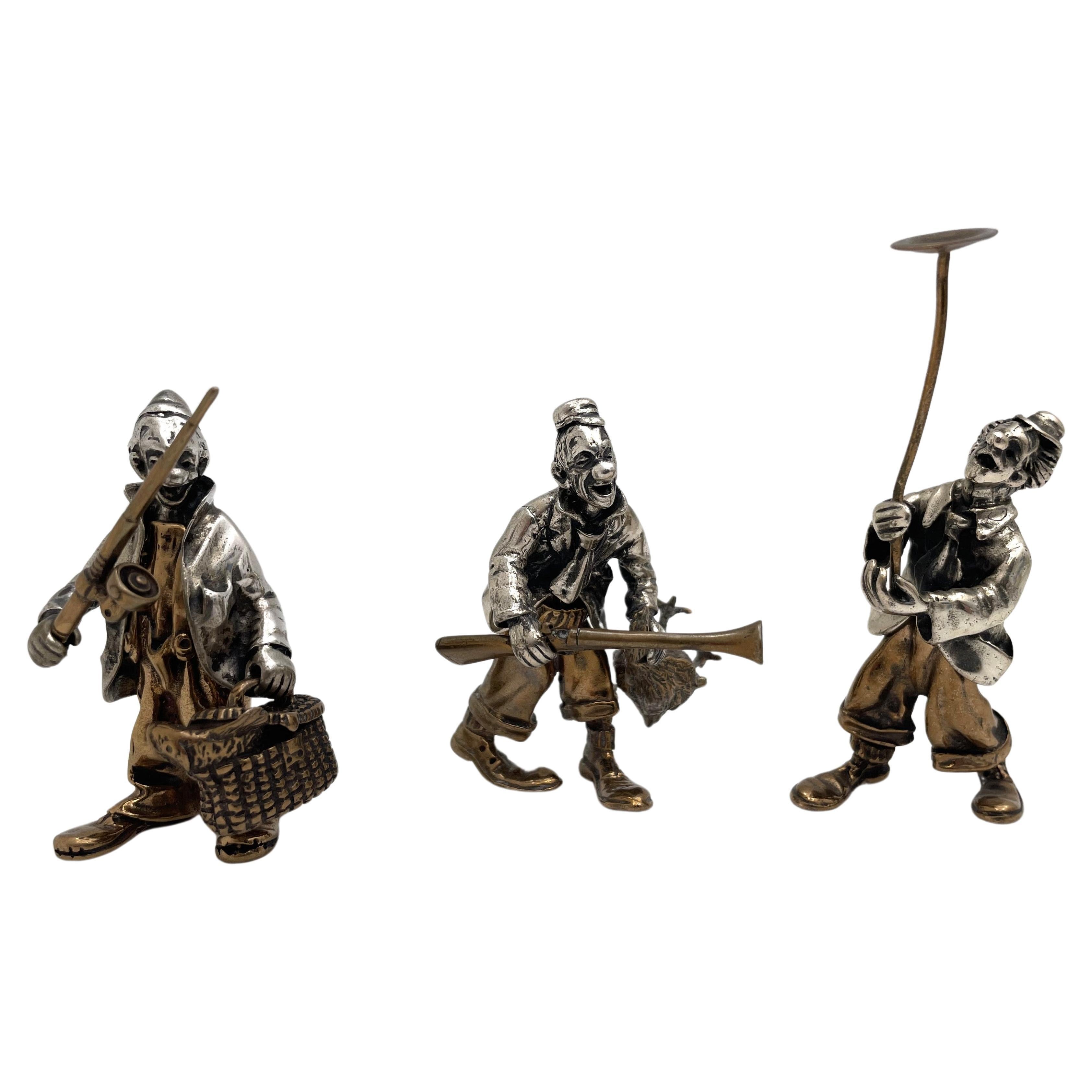Italian Silver & Mixed Metal Set of 3 Realistic Circus Clowns Mid-20th Century
