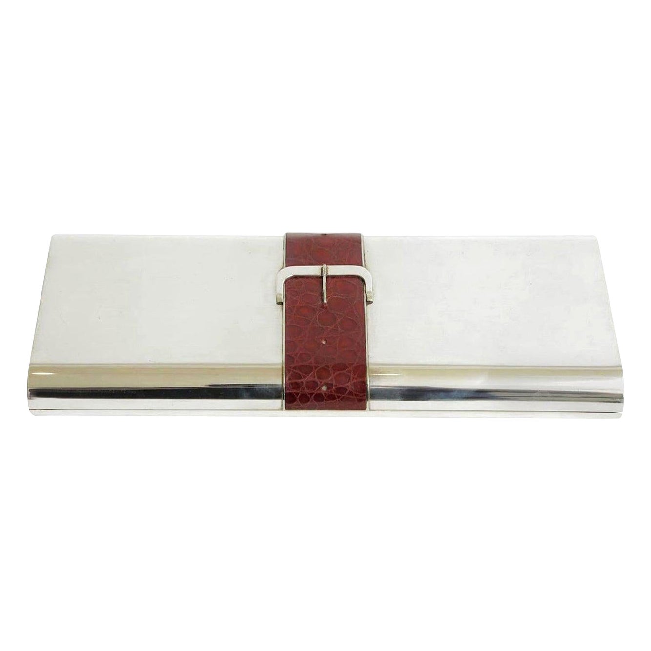 Italian Silver Plate and Burgundy Crocodile Buckle Hinged Box Vintage