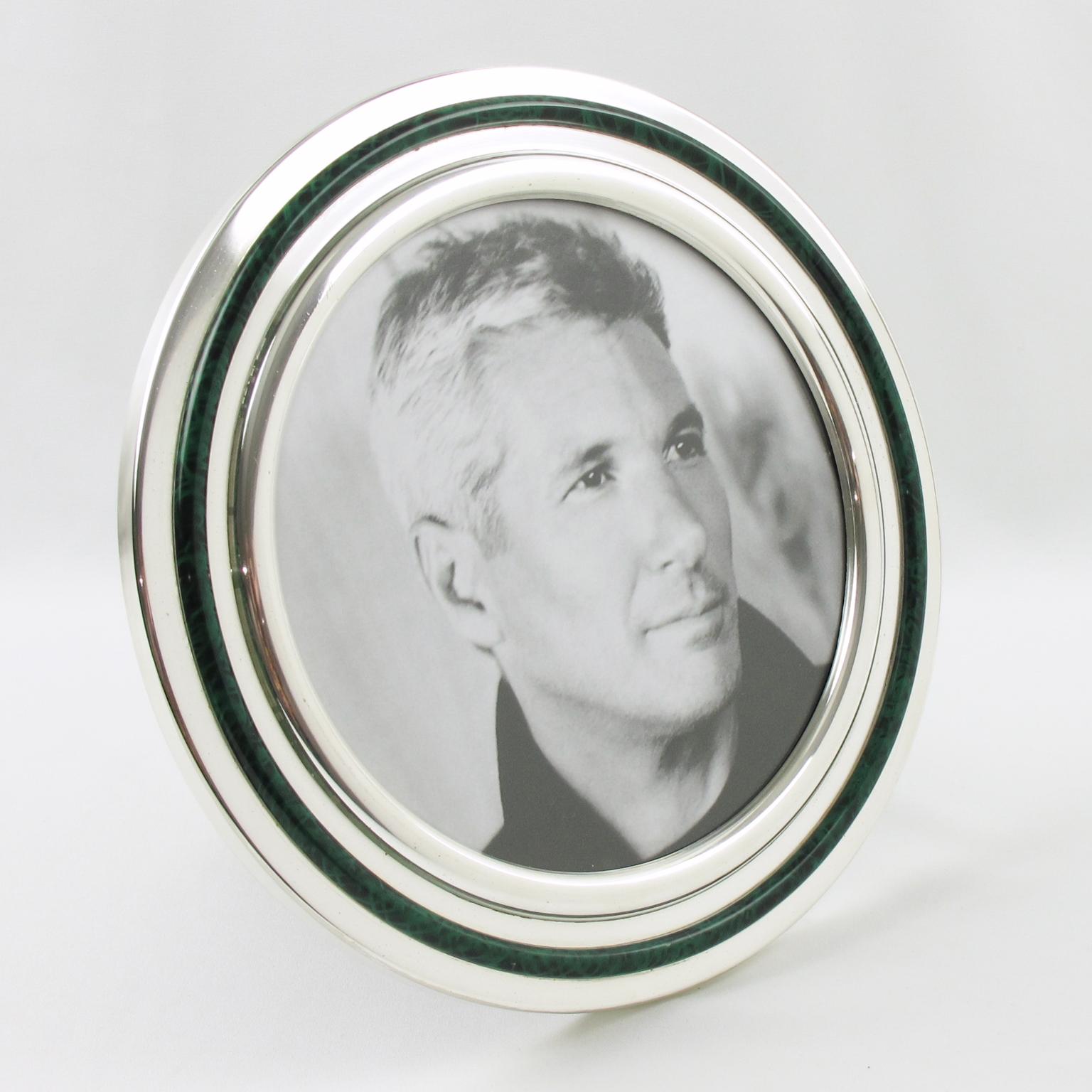 Modern Italian Silver Plate and Green Enamel Round Picture Frame