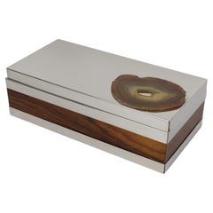 Italian Silver Plate and Wood Box with Agate Stone Slab