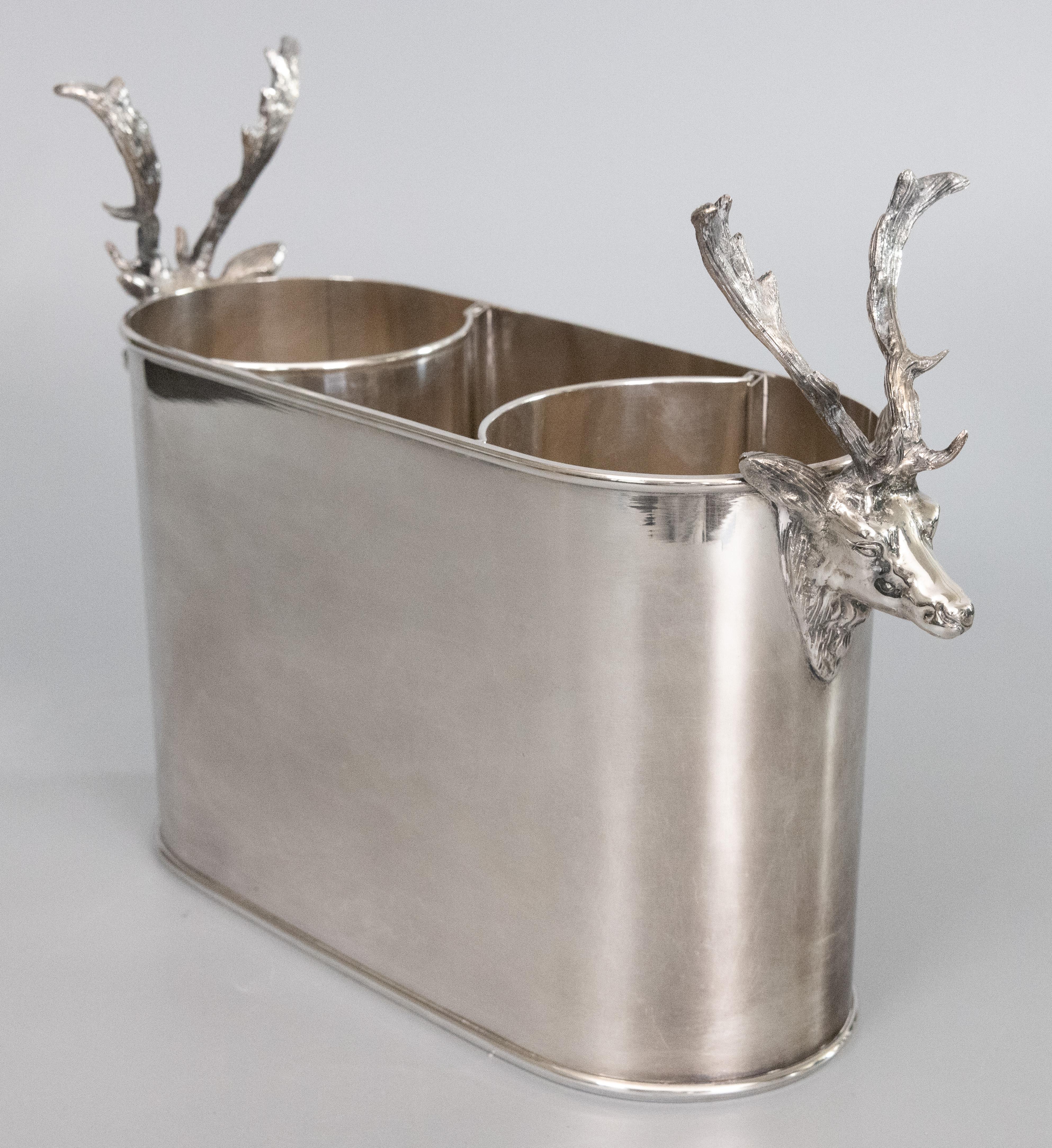 Italian Silver Plate Stag Head Double Champagne Ice Bucket Wine Cooler C. 1960 In Good Condition In Pearland, TX
