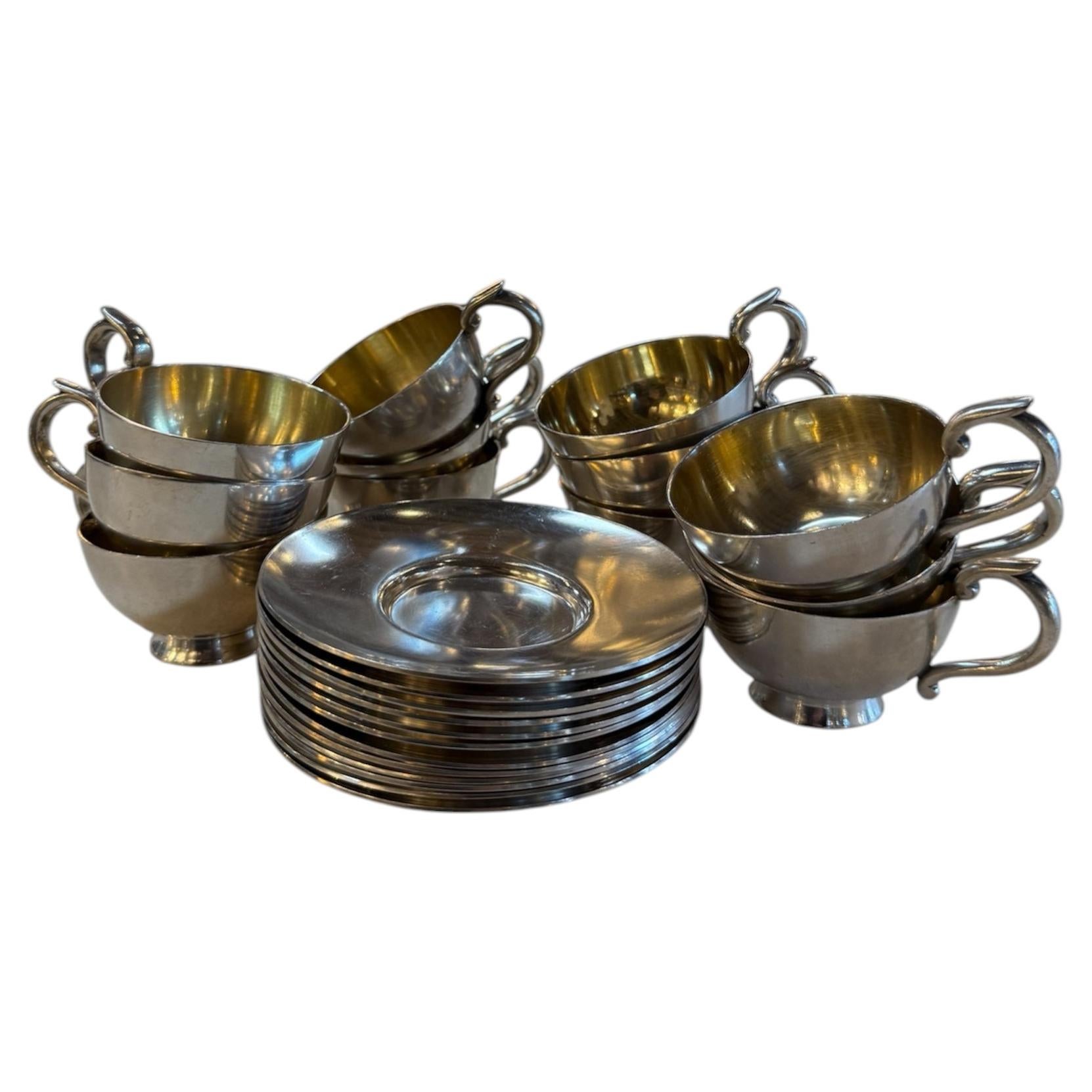 Italian Silver-Plate Tea Cup and Saucer Set, 12 Pieces, Mid-Century For Sale