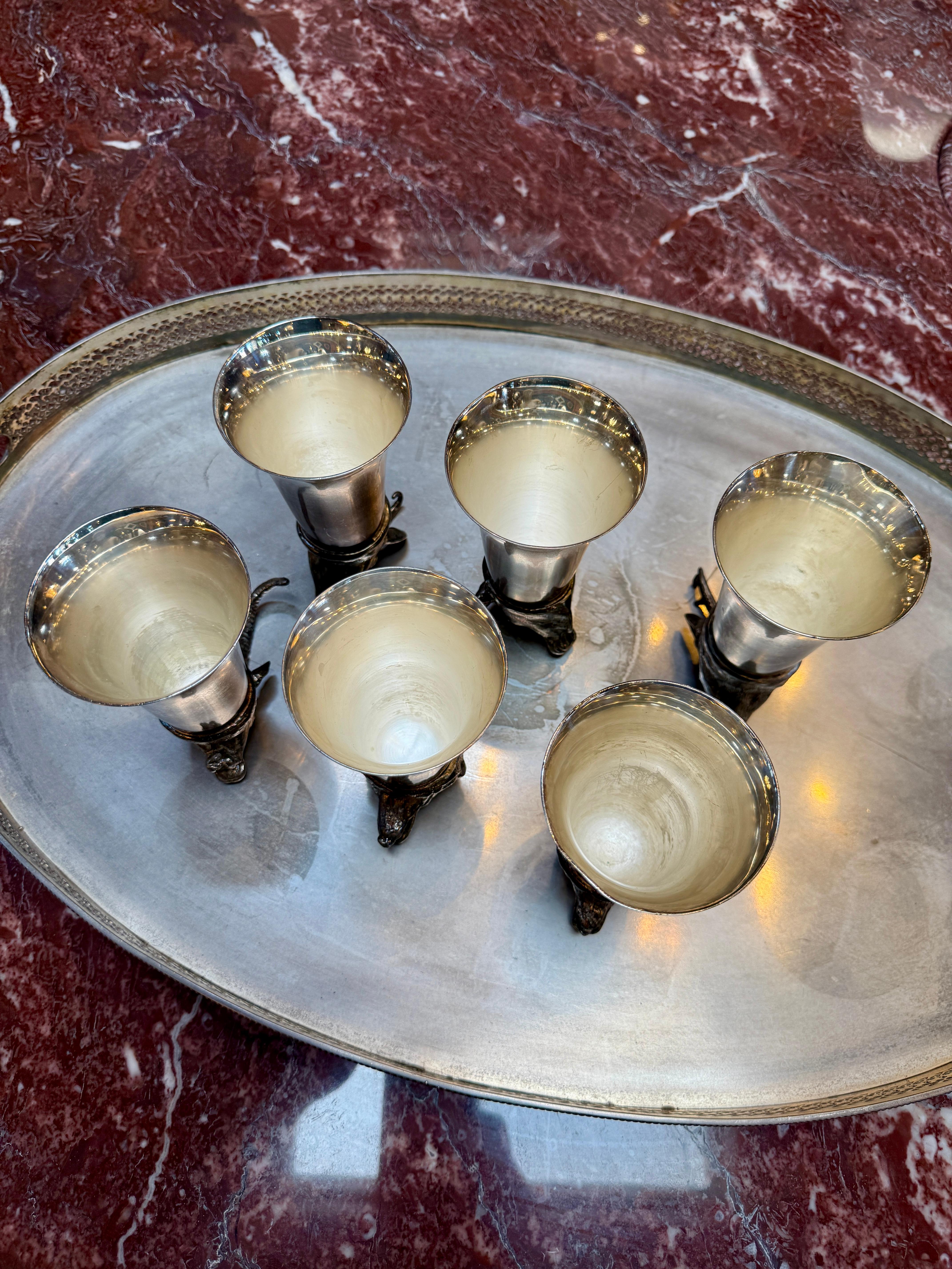 Italian Silver-Plated Animal Head Decanter and Goblet Set by Valenti, 1960s For Sale 5
