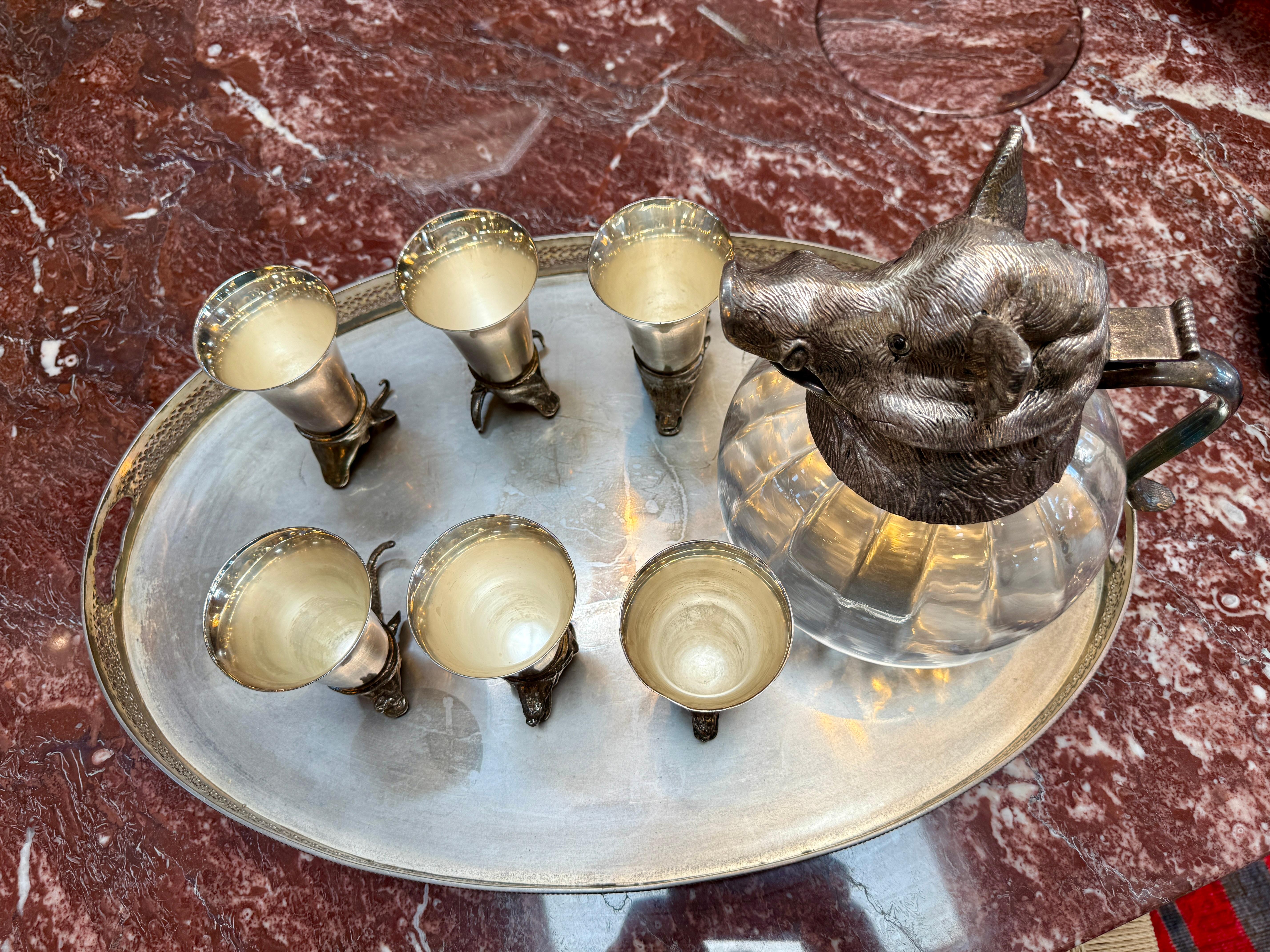 Italian Silver-Plated Animal Head Decanter and Goblet Set by Valenti, 1960s For Sale 7
