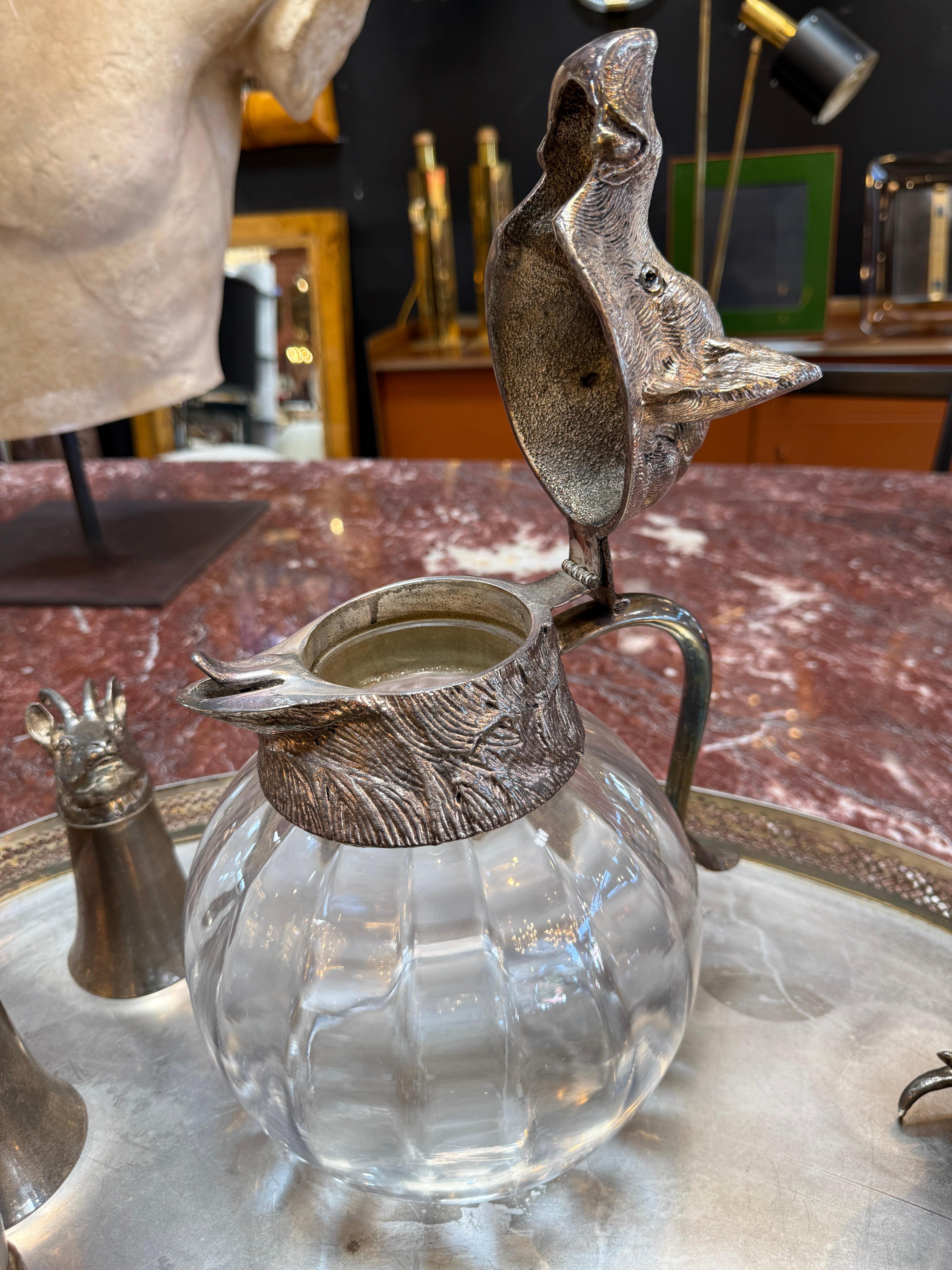 Modern Italian Silver-Plated Animal Head Decanter and Goblet Set by Valenti, 1960s For Sale