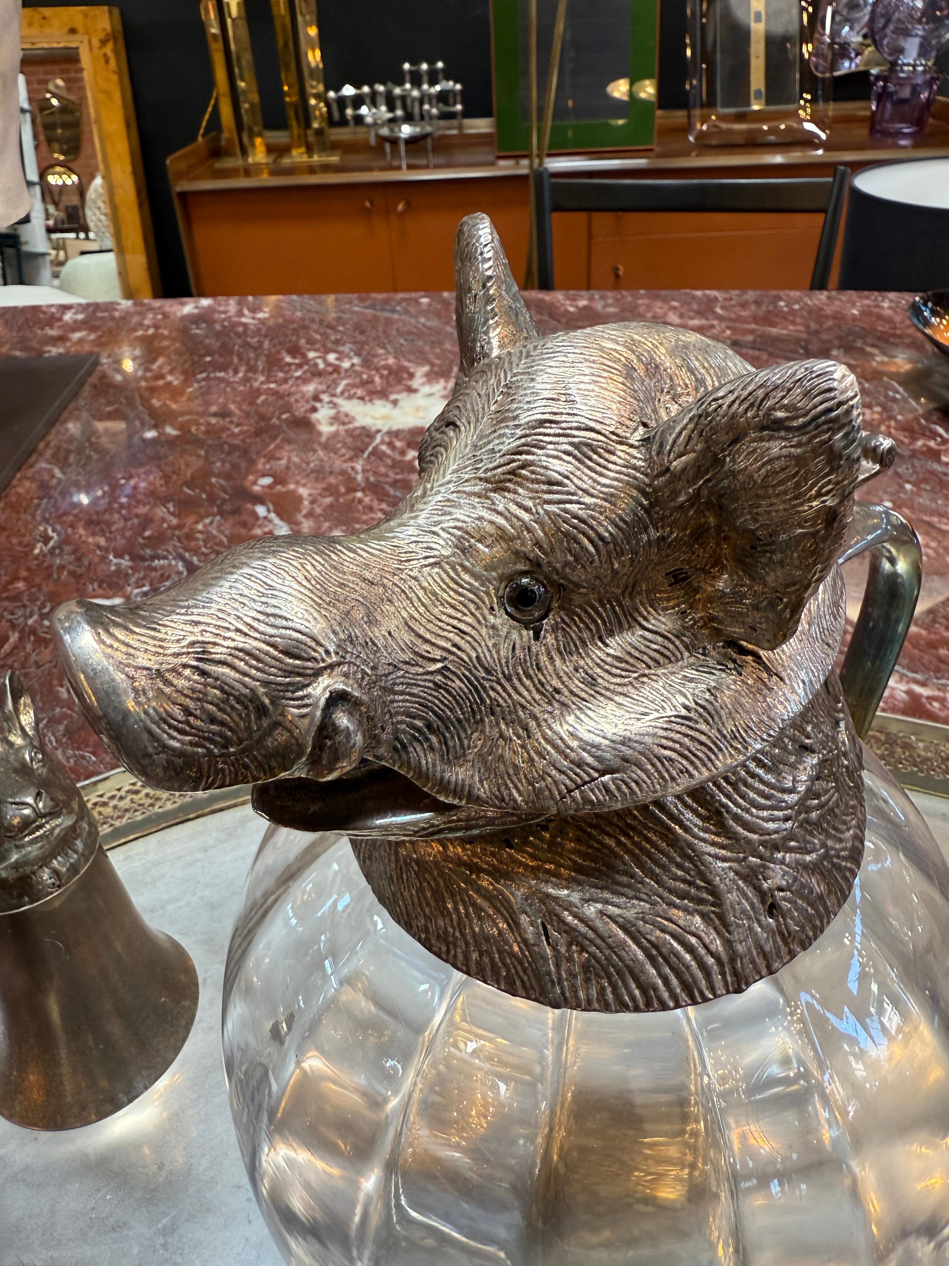 Italian Silver-Plated Animal Head Decanter and Goblet Set by Valenti, 1960s In Good Condition For Sale In Los Angeles, CA