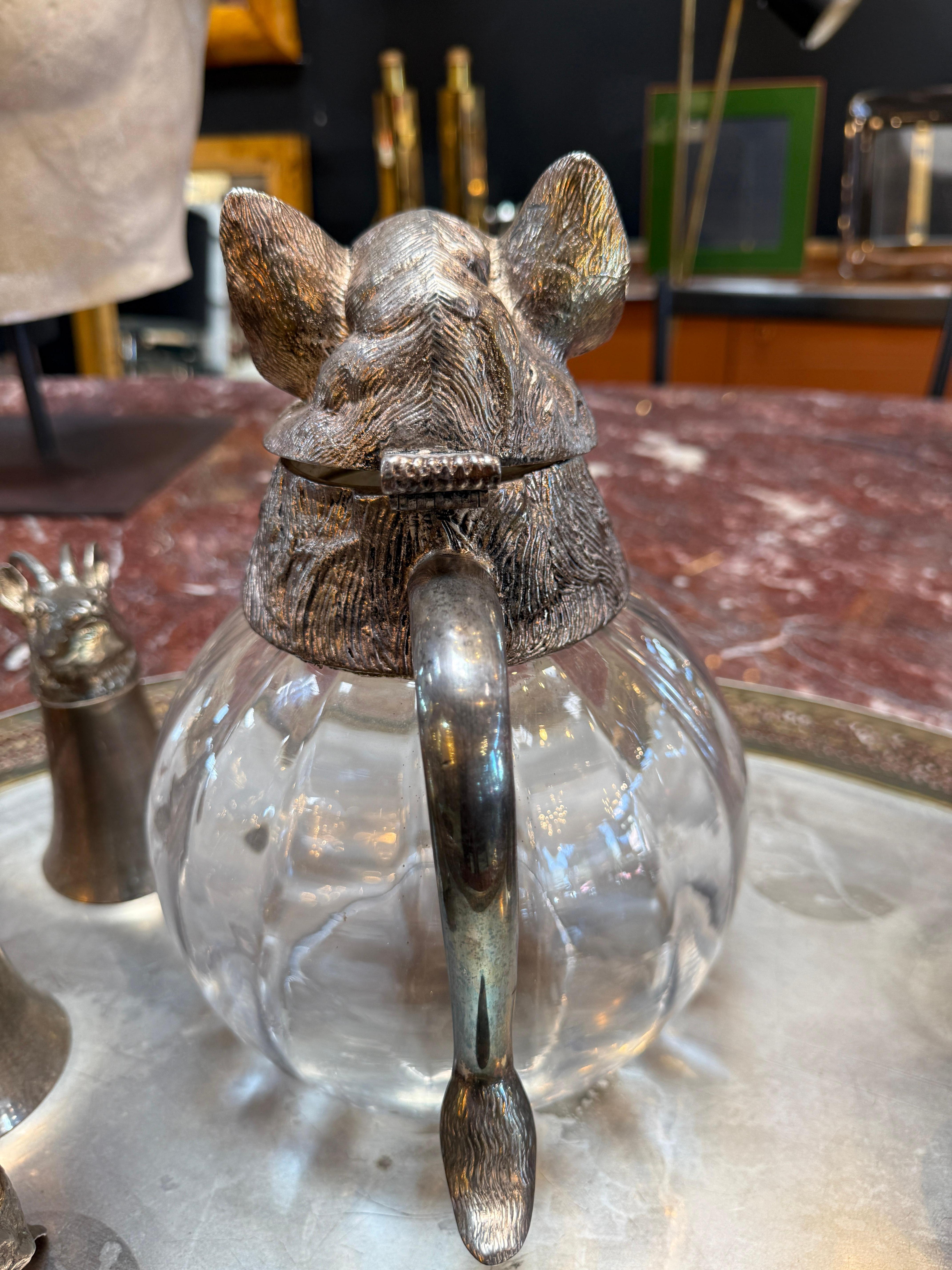 Mid-20th Century Italian Silver-Plated Animal Head Decanter and Goblet Set by Valenti, 1960s For Sale