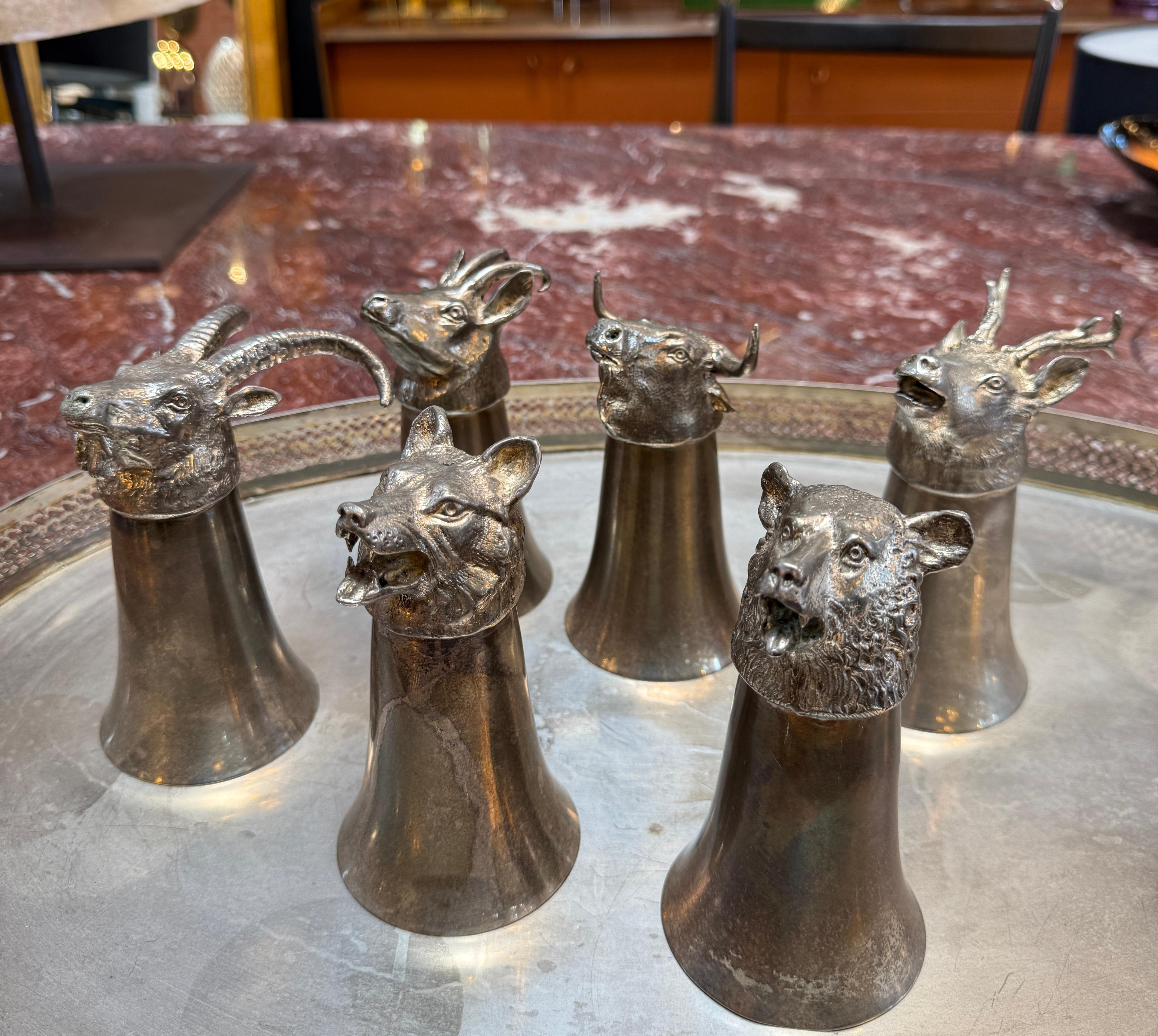 Italian Silver-Plated Animal Head Decanter and Goblet Set by Valenti, 1960s For Sale 1