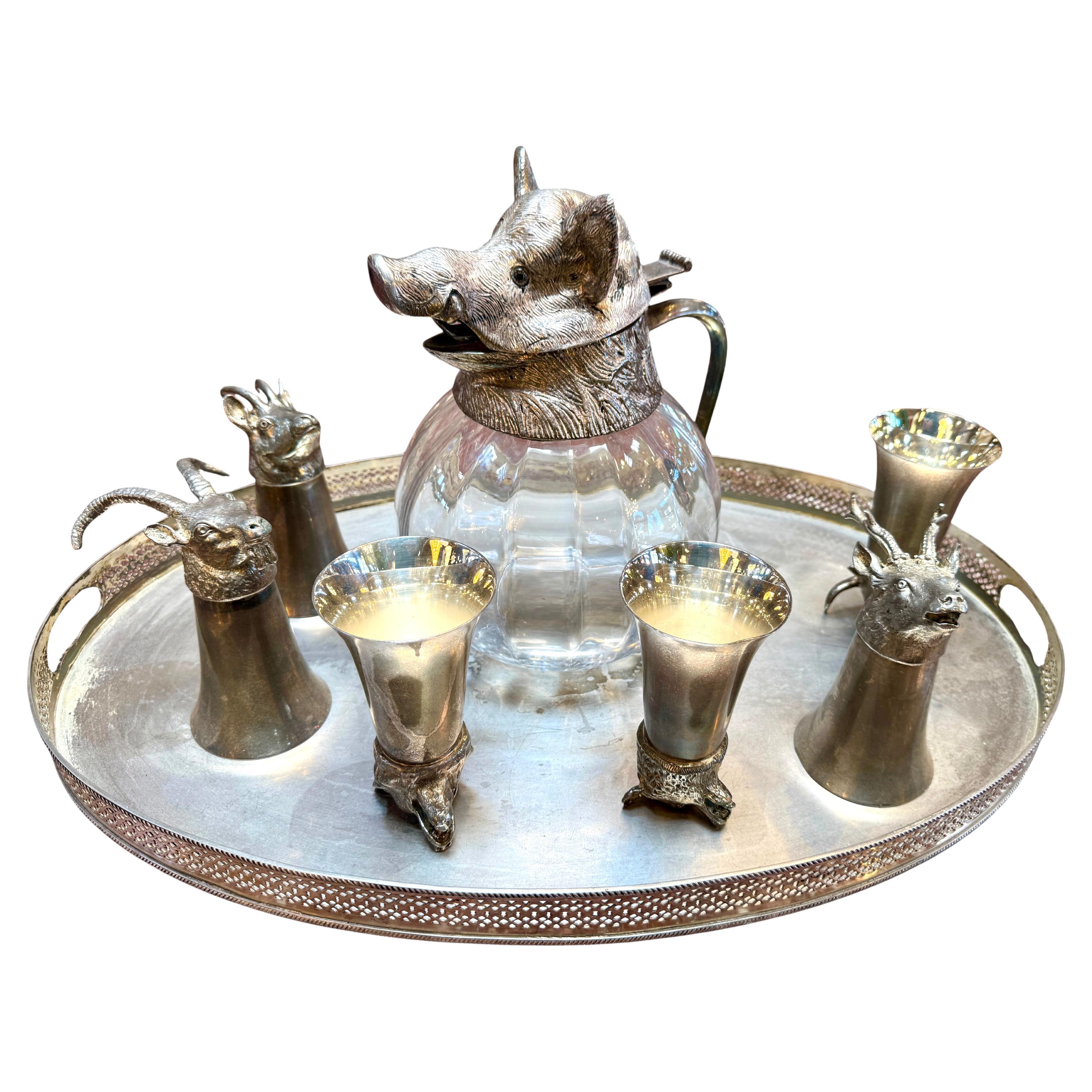 Italian Silver-Plated Animal Head Decanter and Goblet Set by Valenti, 1960s For Sale