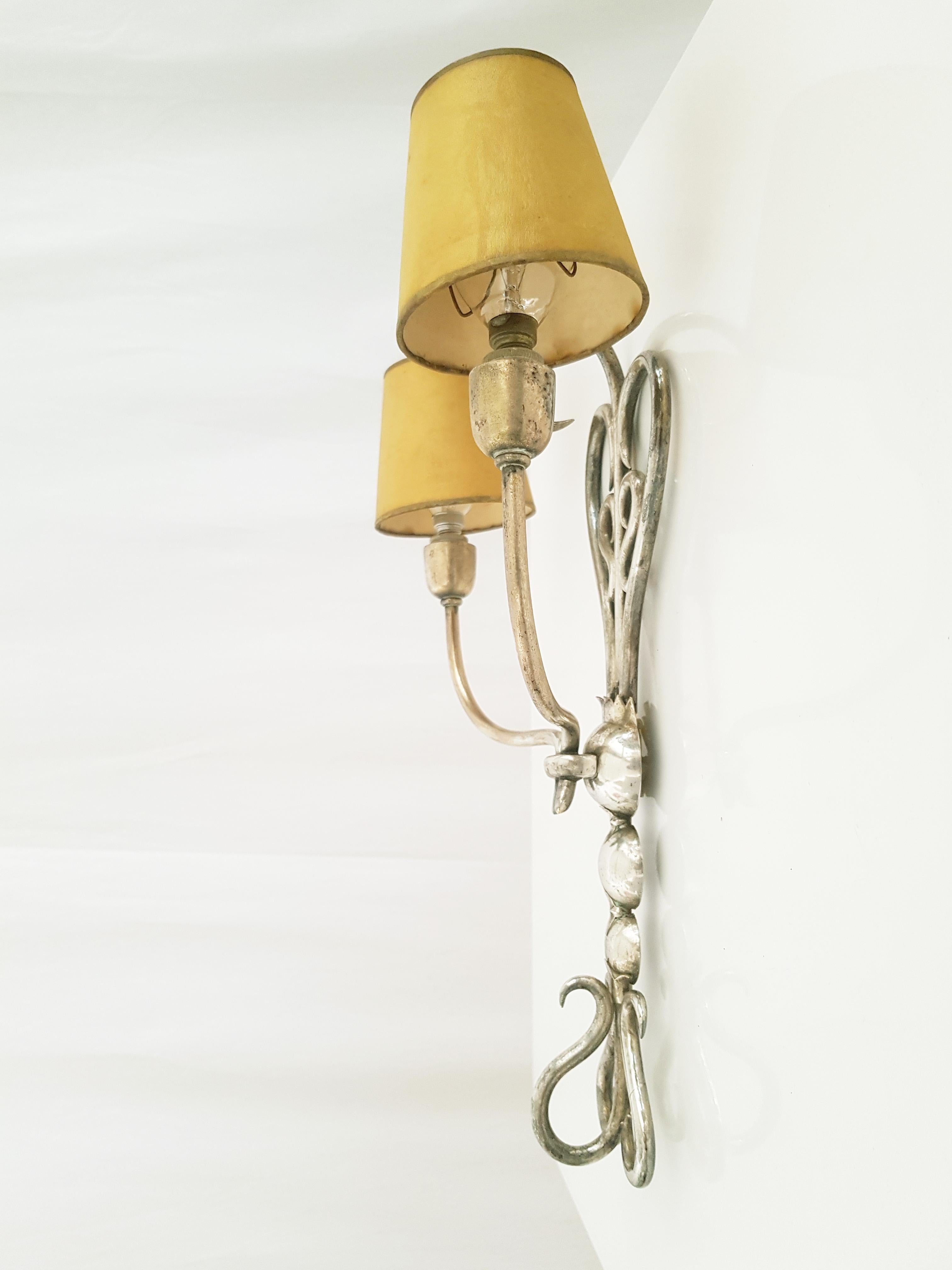 Italian Silver Plated Brass Deco 2-Lights Sconces For Sale 8